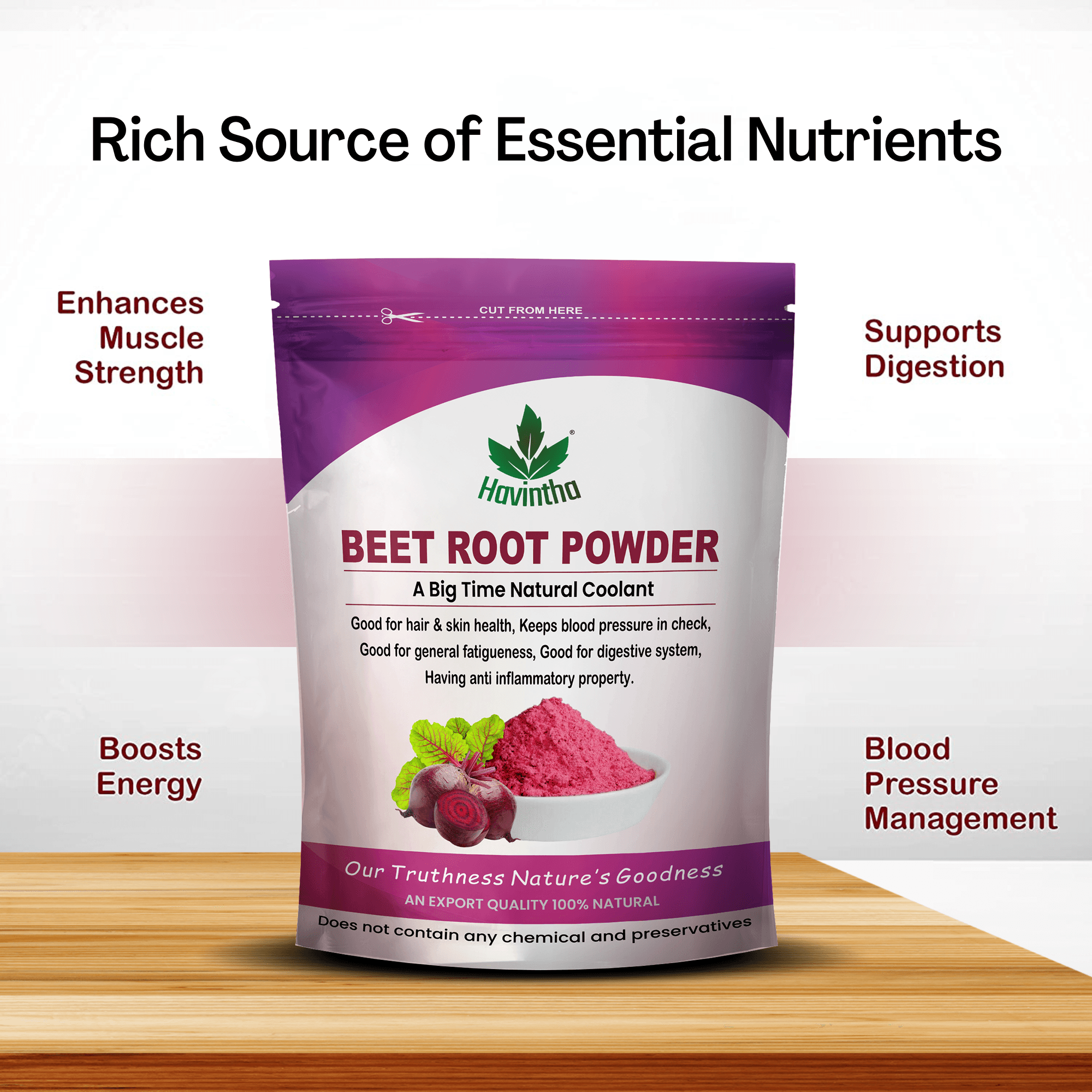Havintha Natural Beet Root Powder Improves Heart Health and Blood Pressure - 227g
