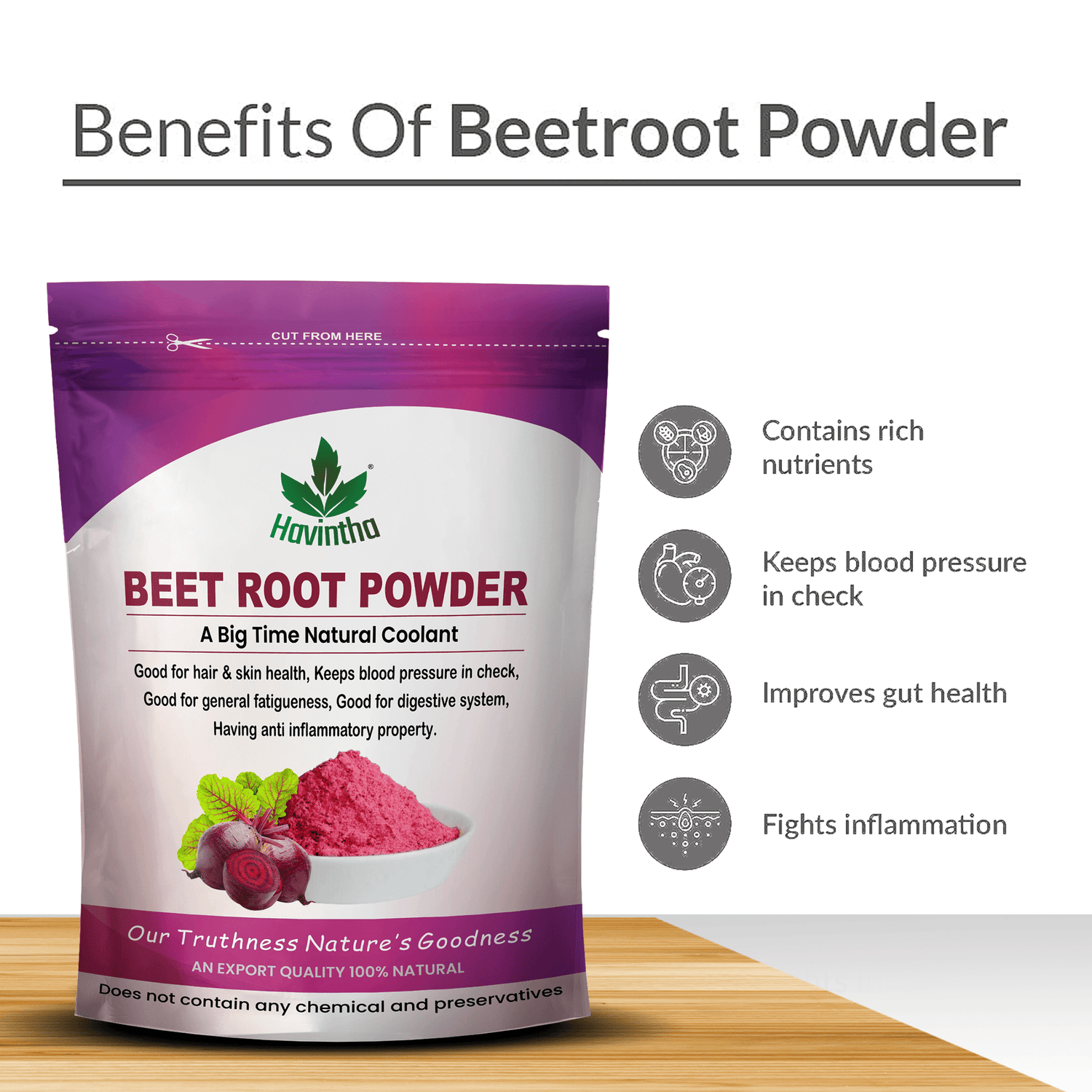 Havintha Natural Beet Root Powder Improves Heart Health and Blood Pressure - 227g