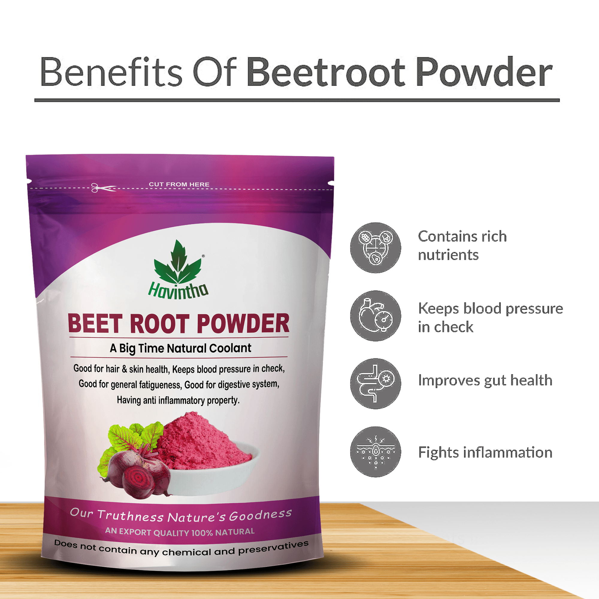 Havintha Natural Beet Root Powder Improves Heart Health and Blood Pressure - 227g