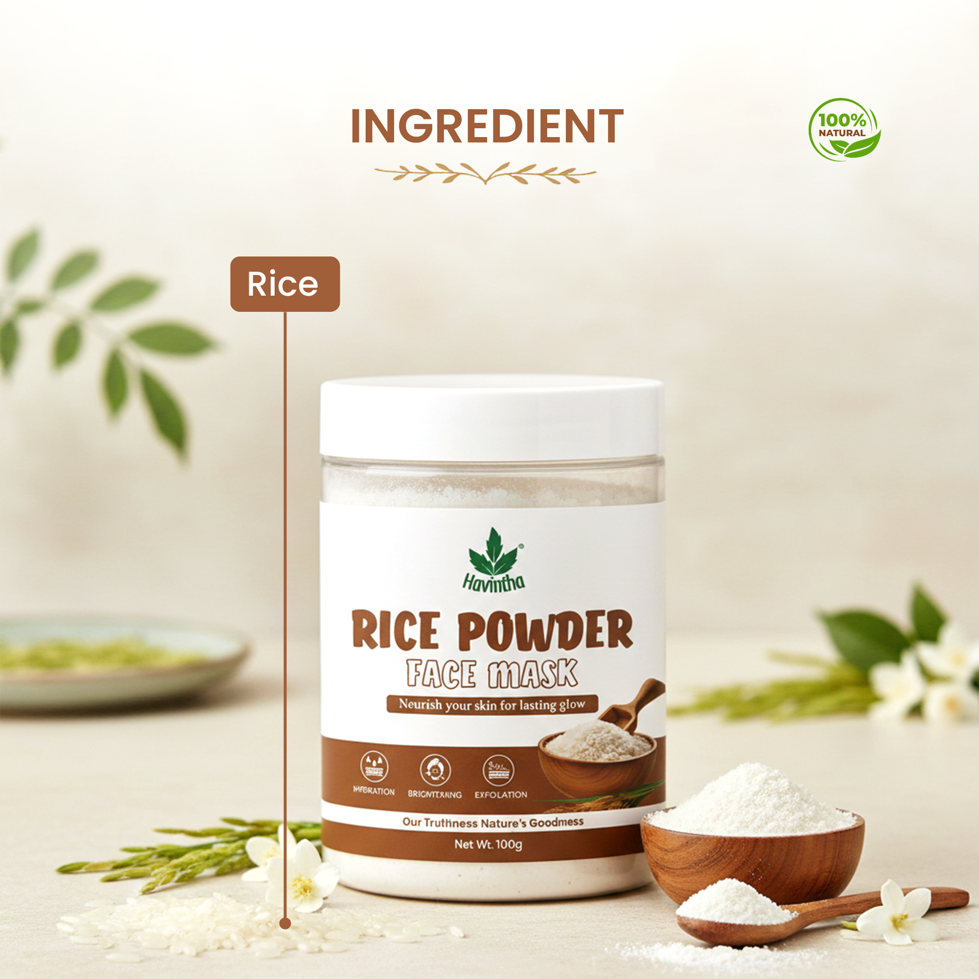 Havintha Natural Rice Powder Mask | Brightening Rice Mask | Glowing Skin | 100 Grams