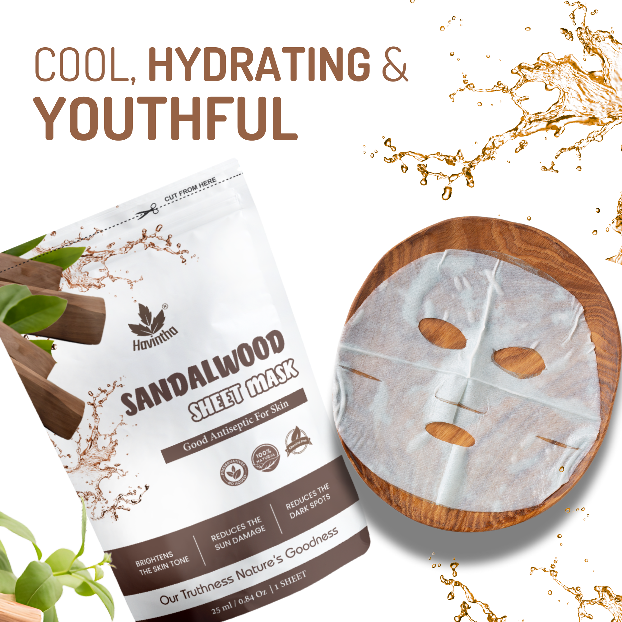 Havintha Sandalwood Face Sheet Mask For Glowing Skin | Facial Sheet Mask For Intense Hydration & Moisturizing (Pack Of 2)