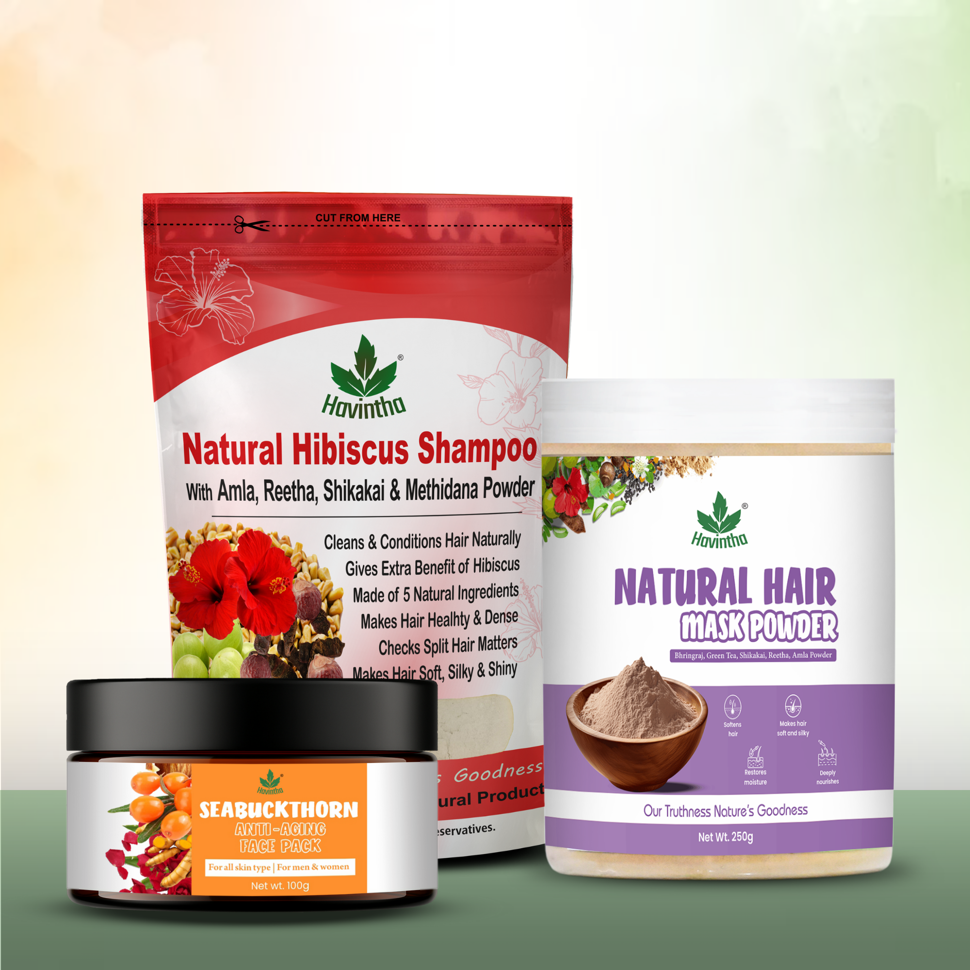 Seabuckthorn Anti-Aging Face Pack (100g) | Natural Hibiscus Powder Shampoo (227g) & Havintha Natural Hair Mask (250g)