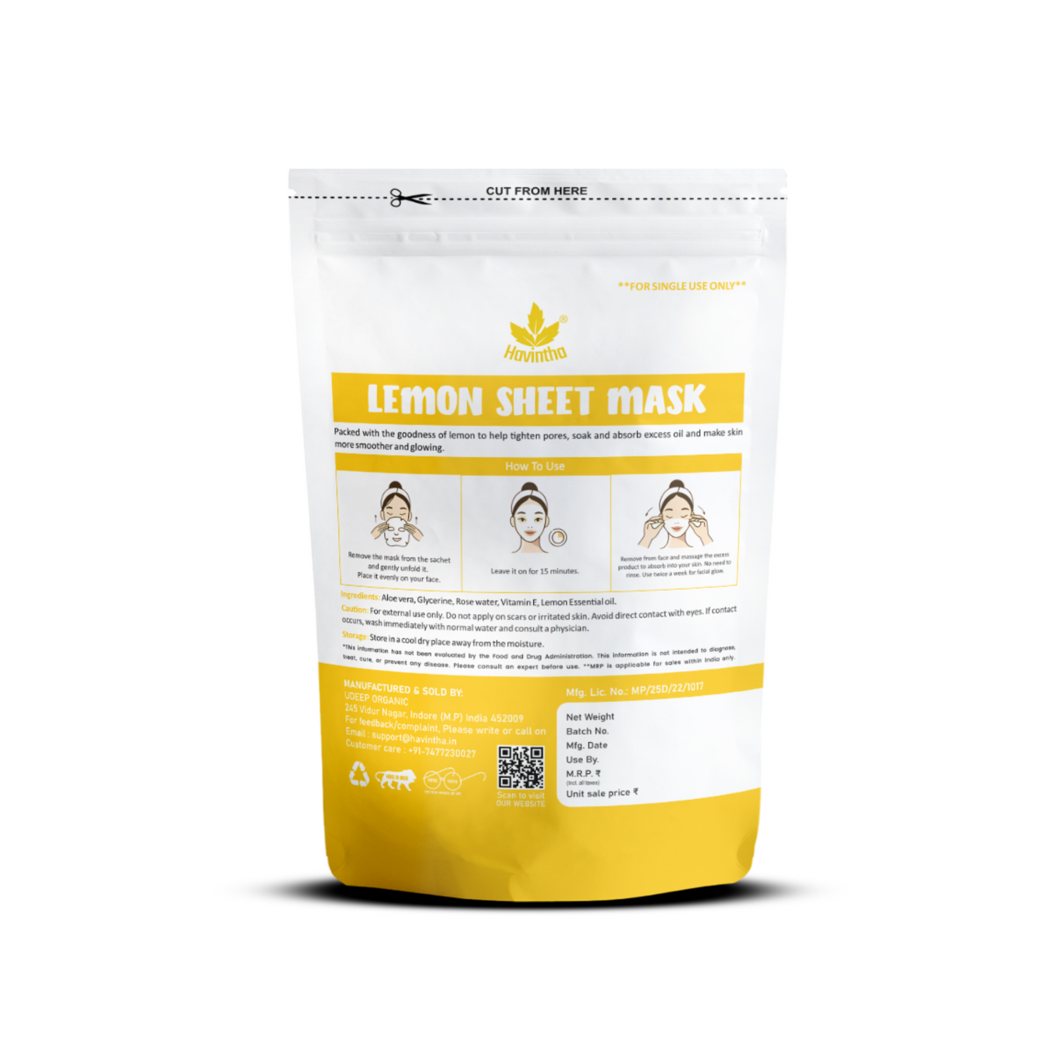 Havintha Lemon Face Sheet Mask for Glowing Skin | 100% Natural Nourishing & Moisturizing Facial Mask | Instantly Soothes Skin Facial Mask ( Pack of 2)