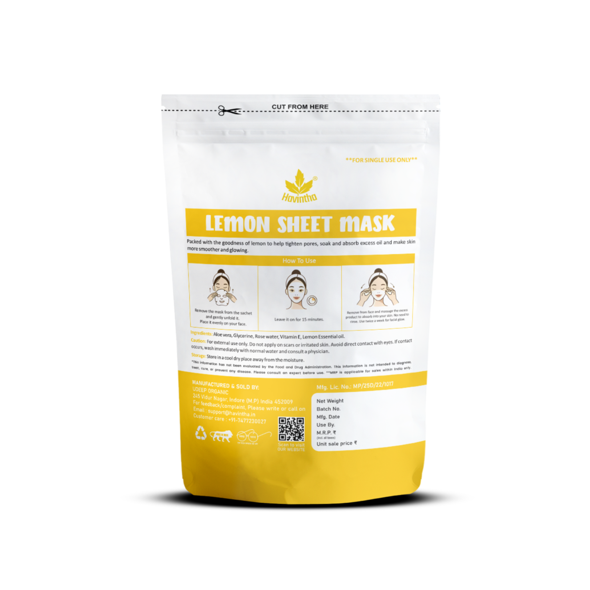 Havintha Lemon Face Sheet Mask for Glowing Skin | 100% Natural Nourishing & Moisturizing Facial Mask | Instantly Soothes Skin Facial Mask ( Pack of 2)