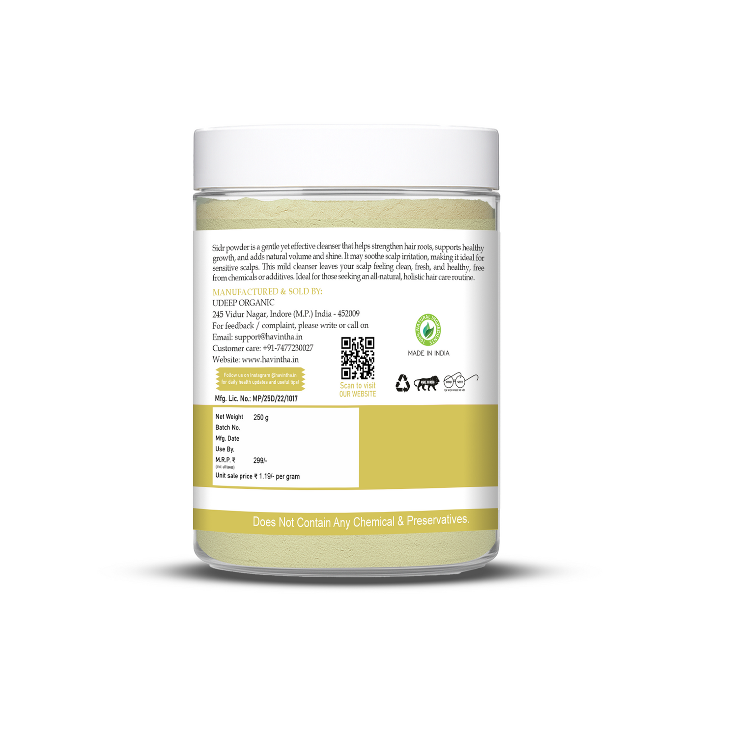 Havintha Herbal Sidr Leaves Powder 250gm | Natural Hair Cleanser & Conditioner | Dry & Damaged Hair Conditioning Hair Mask for Women and Men - 250g