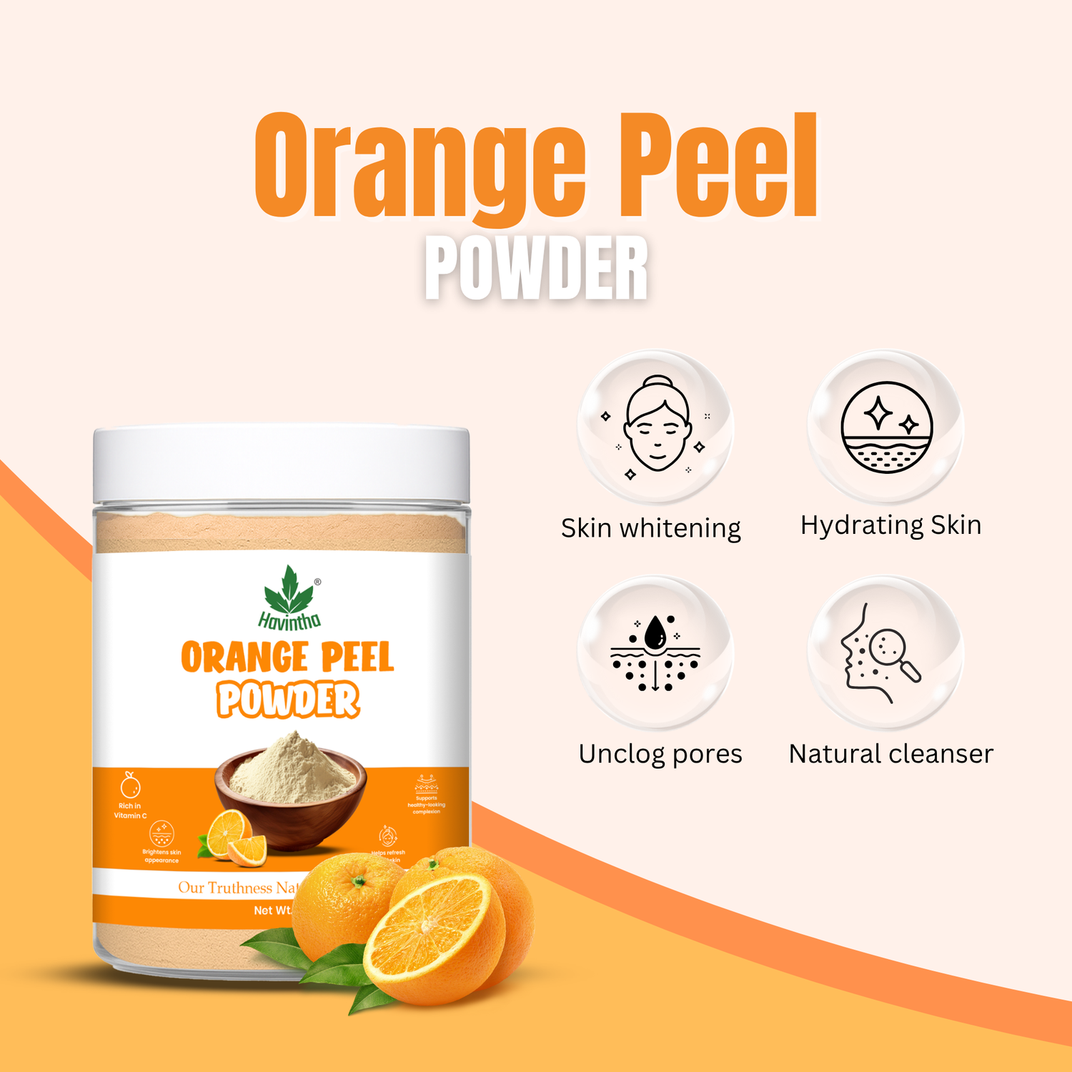 Havintha Orange Peel Powder for Face Whitening, Citrus aurantium (Santra Chilka) Pure - 227g