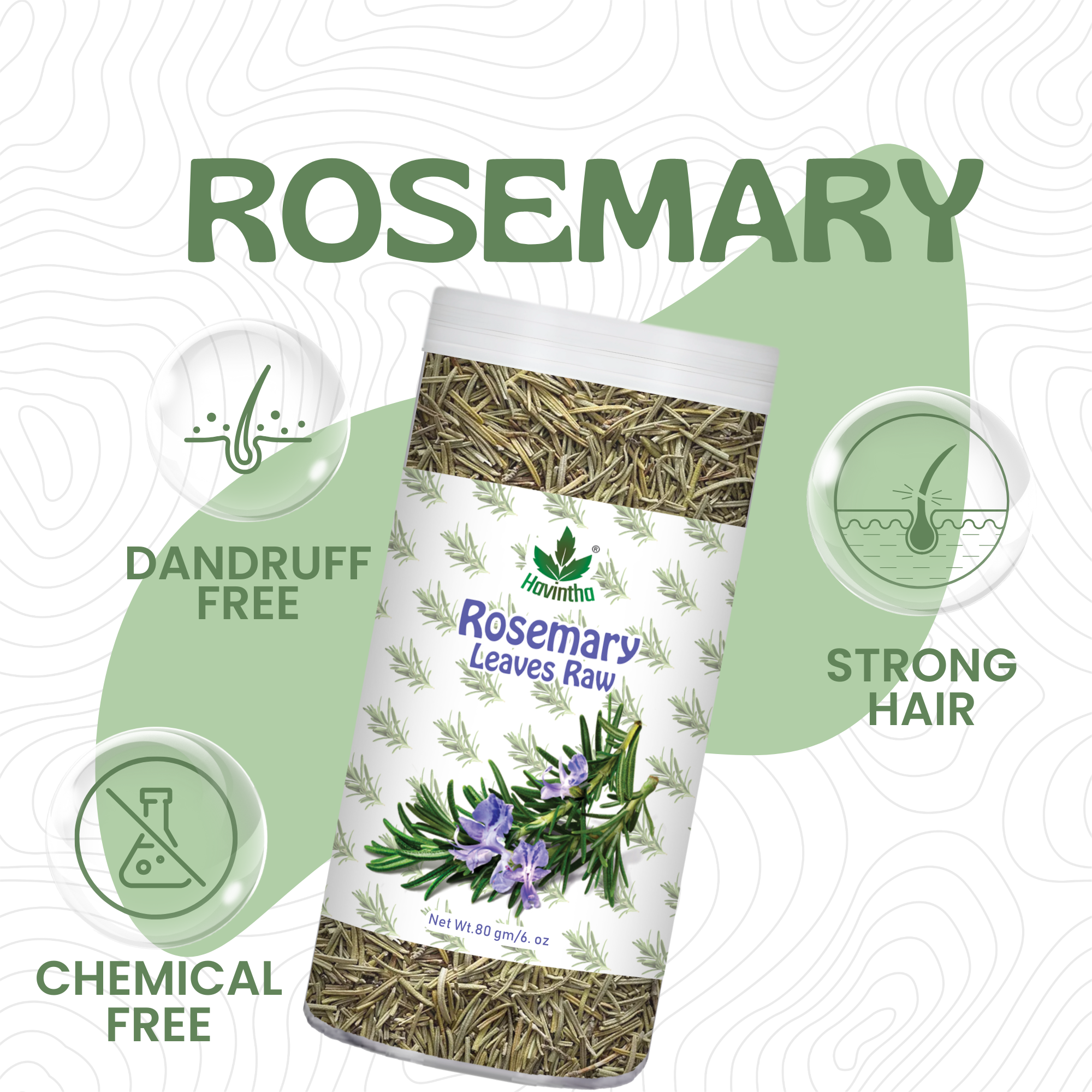 Havintha Natural Whole Rosemary Leaves | Rosemary Dried Leaves For Hair Growth | Edible Quality - JAR - 80g