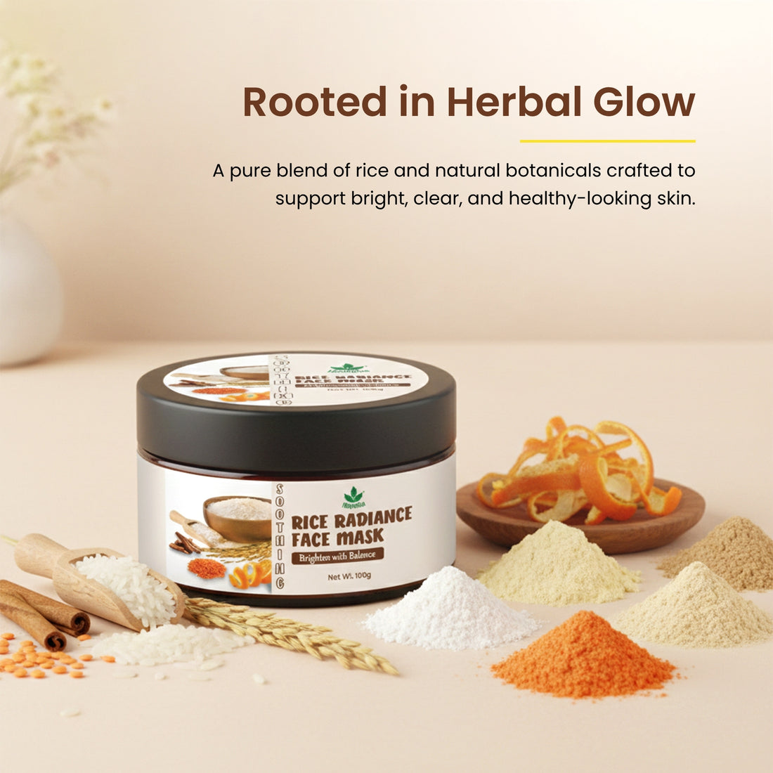 Havintha Natural Rice Radiance Face Mask Powder for Glowing Skin, Tan Removal & Skin Brightening | Herbal Rice Flour Face Pack for Oil Control, Acne Reduce | Ubtan Powder for Face Tone, Smooth - 100g