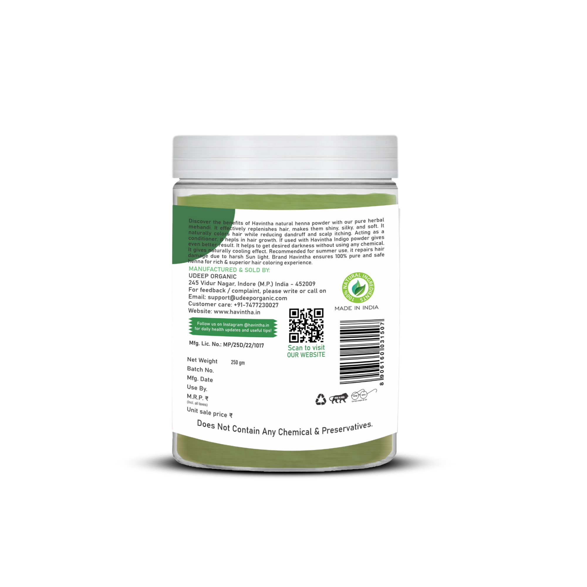 Havintha Natural Henna Mehndi powder | Natural Hair Colour | For All Types Hair | 250 Grams (JAR)