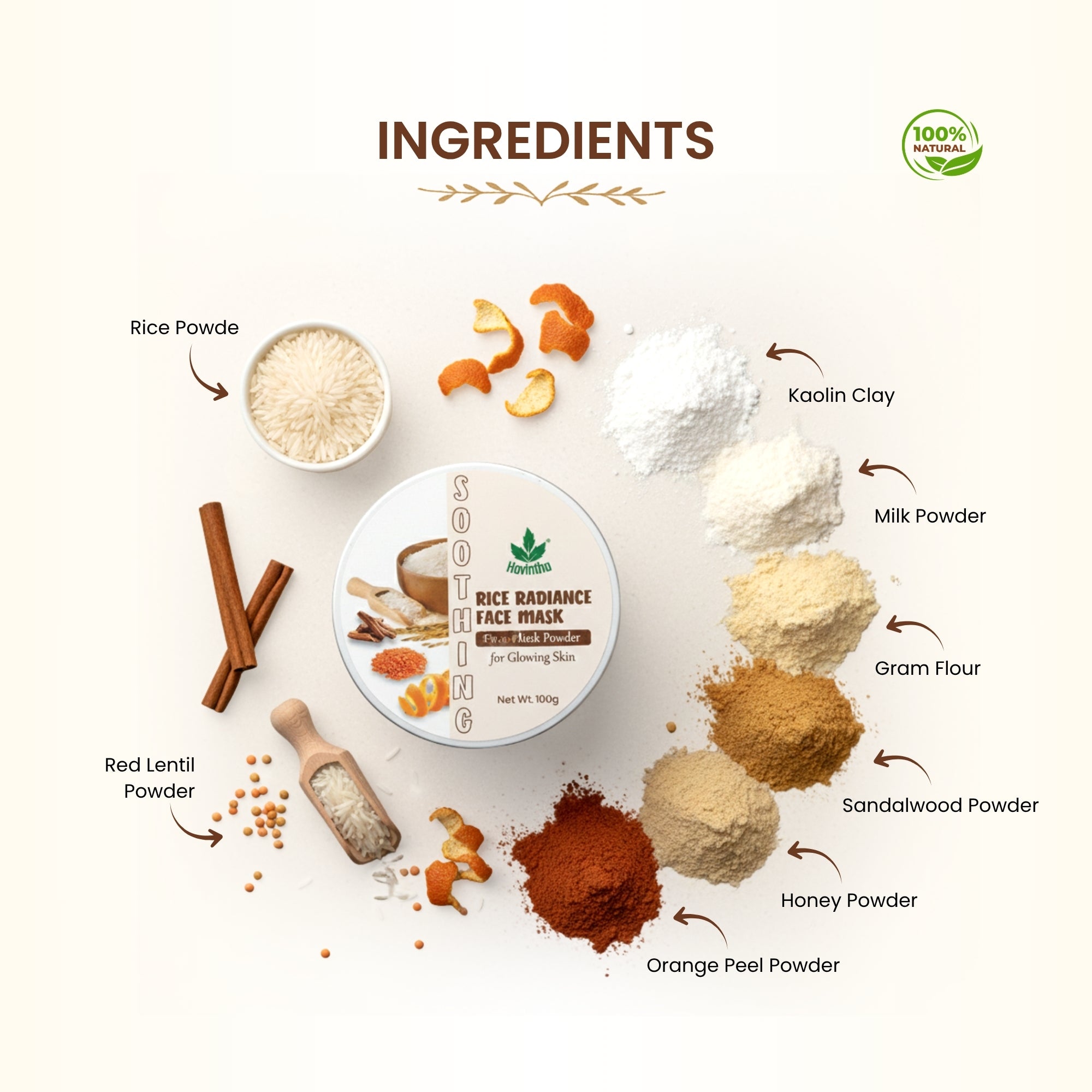 Havintha Natural Rice Radiance Face Mask Powder for Glowing Skin, Tan Removal & Skin Brightening | Herbal Rice Flour Face Pack for Oil Control, Acne Reduce | Ubtan Powder for Face Tone, Smooth - 100g