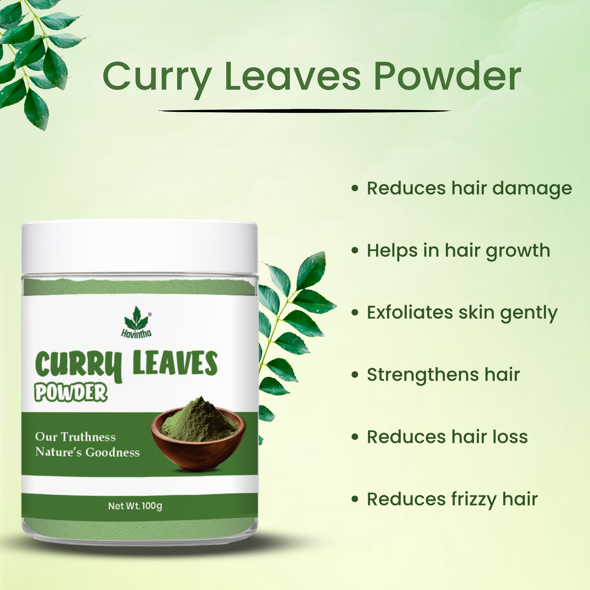 Havintha Curry Patta (Murraya koenigii) Natural Dry Curry Leaves Powder for Long, Strong and Shiny Hair - 100gm