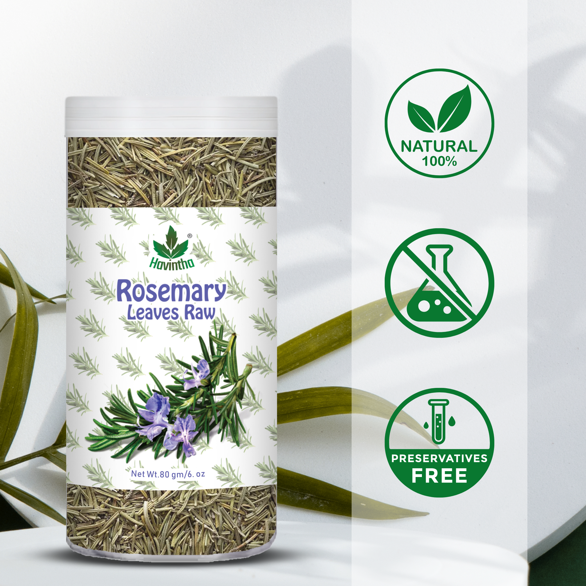 Havintha Natural Whole Rosemary Leaves | Rosemary Dried Leaves For Hair Growth | Edible Quality - JAR - 80g