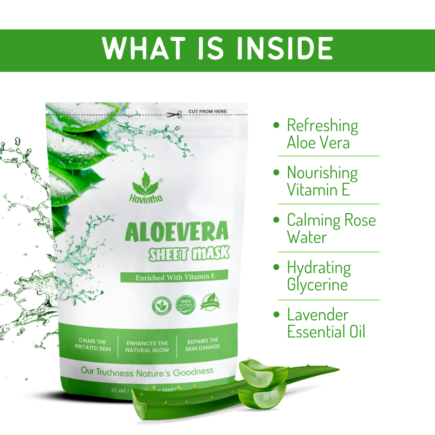 Havintha Aloe vera Soothing Face Sheet Mask For Glowing Skin | 100% Natural Face Mask | Refreshes Skin, Reduces Dullness For Toned & Nourished Skin ( Pack of 2 )