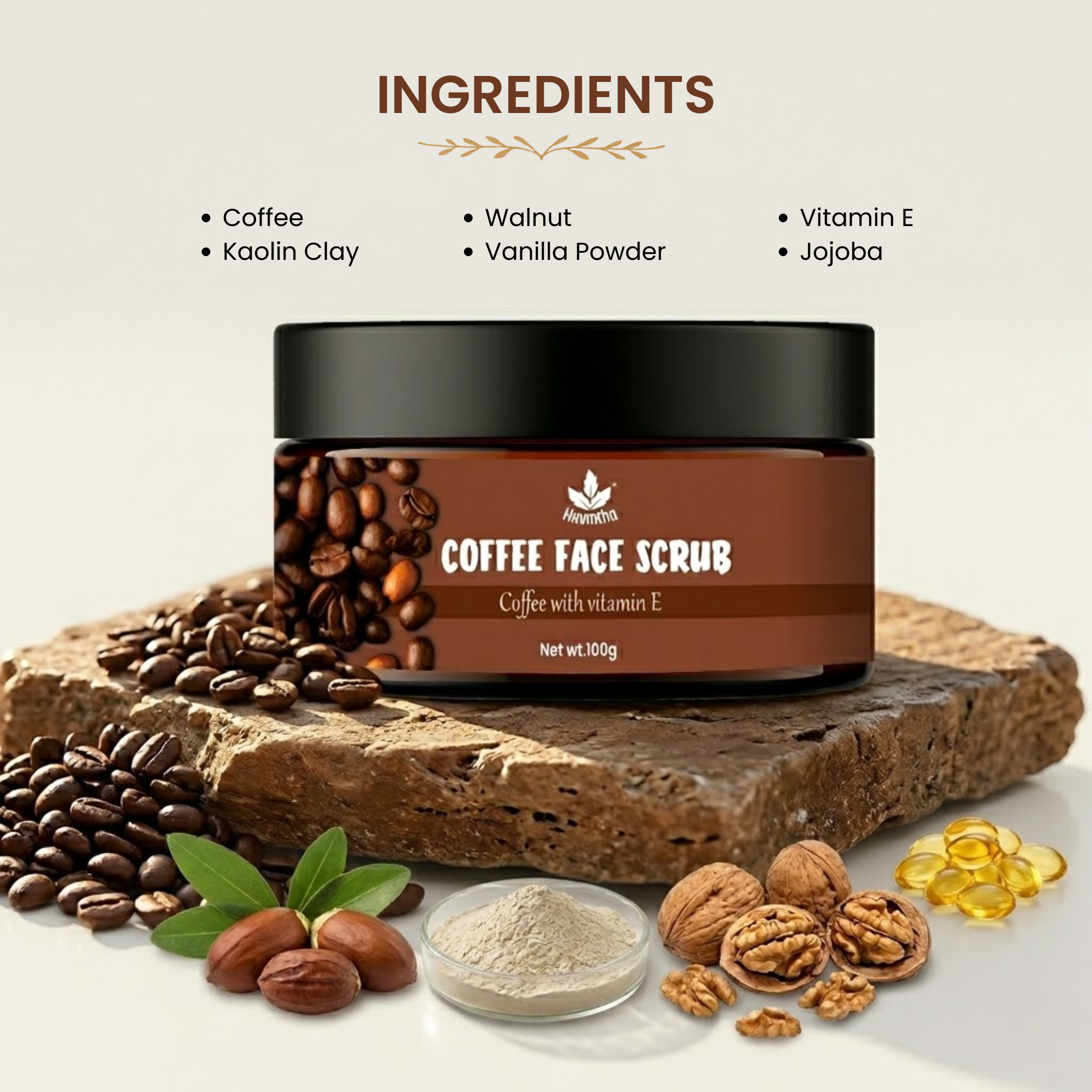 Havintha Coffee Face Scrub | Natural Exfoliator for Glowing Skin | Gentle, Skin-Brightening Formula – 100gm