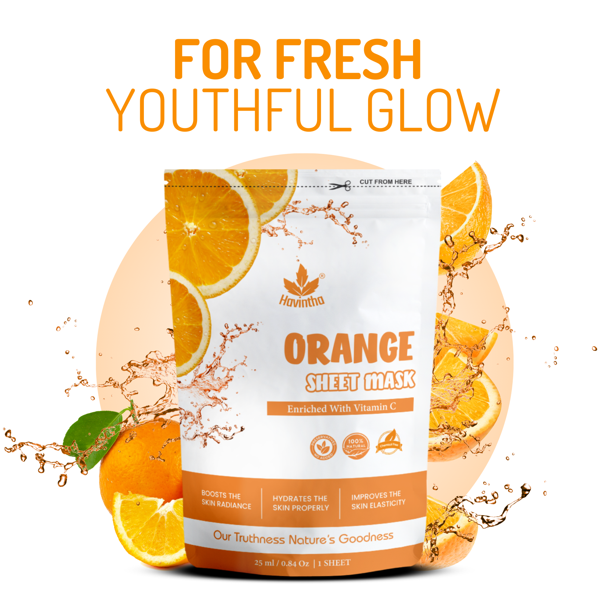 Havintha Orange Face Sheet Mask For Glowing Skin | Facial Sheet Mask For Intense Hydration & Moisturizing Vitamin C Sheet Mask ( Pack of 2 )