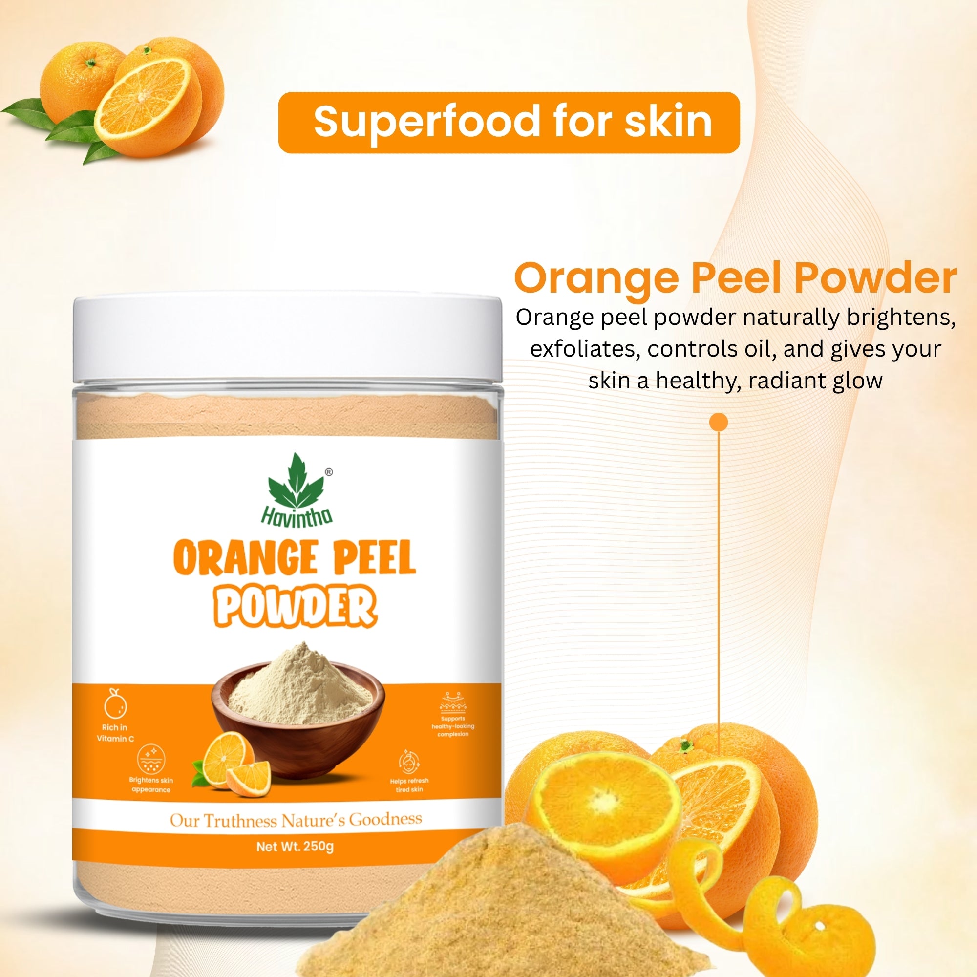 Havintha Orange Peel Powder for Face Whitening, Citrus aurantium (Santra Chilka) Pure - 227g