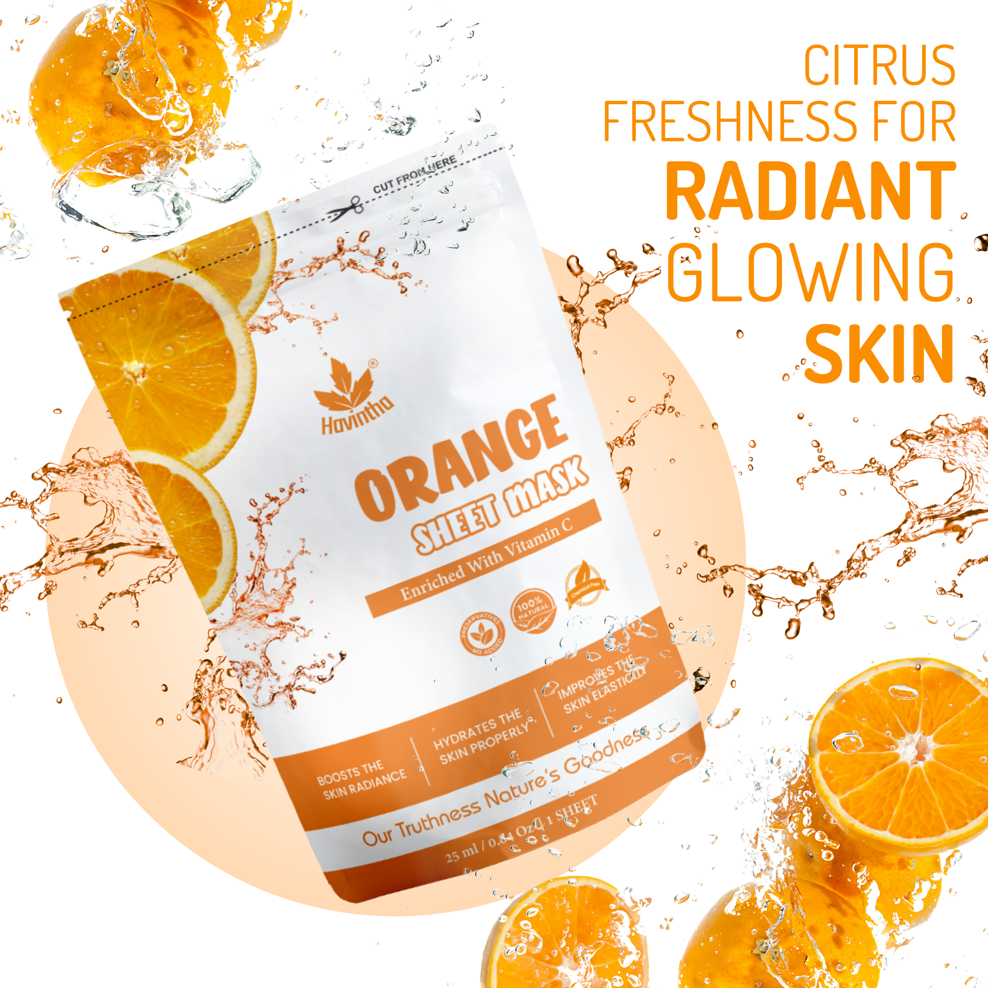 Havintha Orange Face Sheet Mask For Glowing Skin | Facial Sheet Mask For Intense Hydration & Moisturizing Vitamin C Sheet Mask ( Pack of 2 )