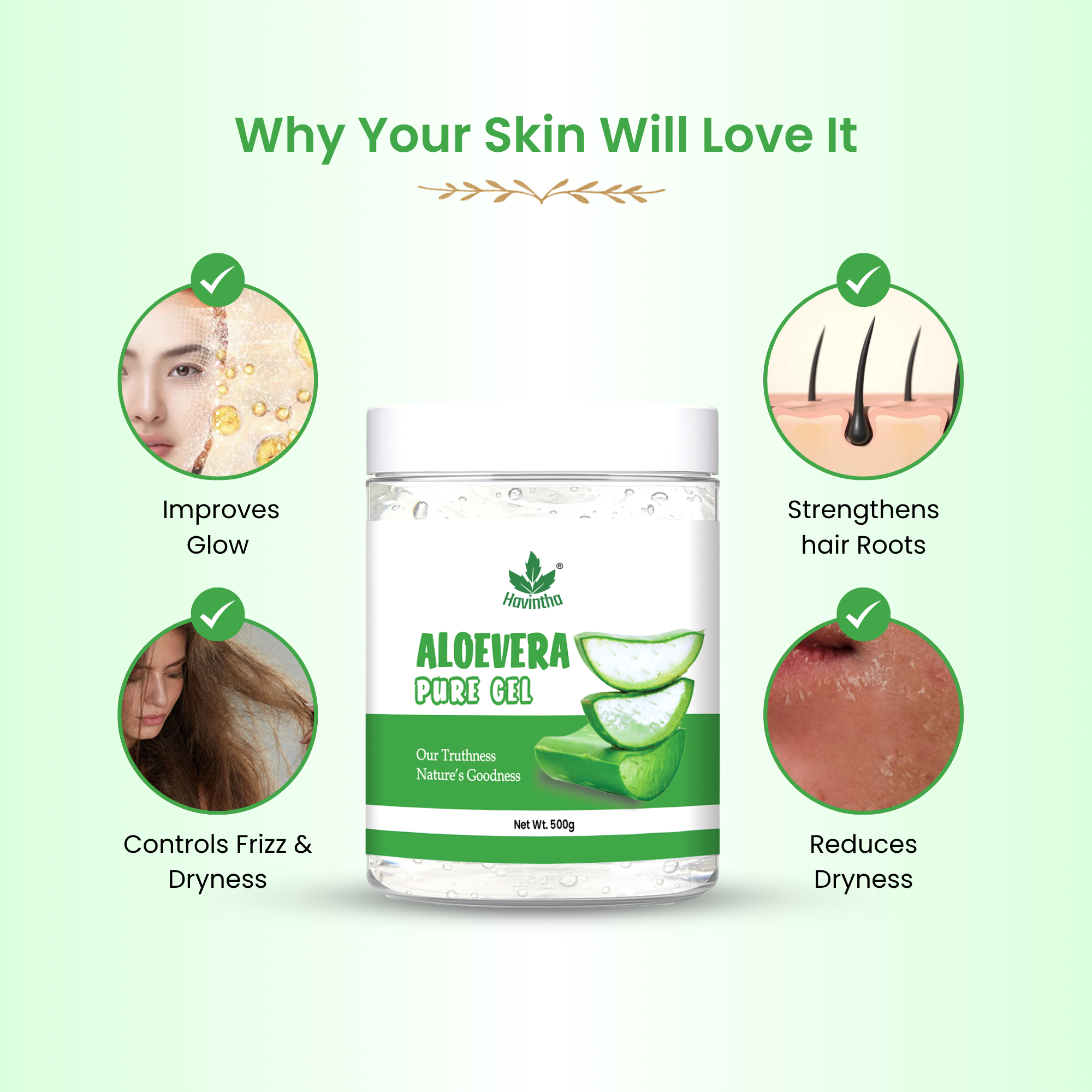 Havintha Natural Aloe Vera Gel (500gm) for Skin Moisturizing, Hair Conditioning & Sunburn | Gel for Face, Hair, Acne, Pimples, Dry Skin & Scalp Care | Soothing & Hydrating Aloe Gel for Glowing Skin