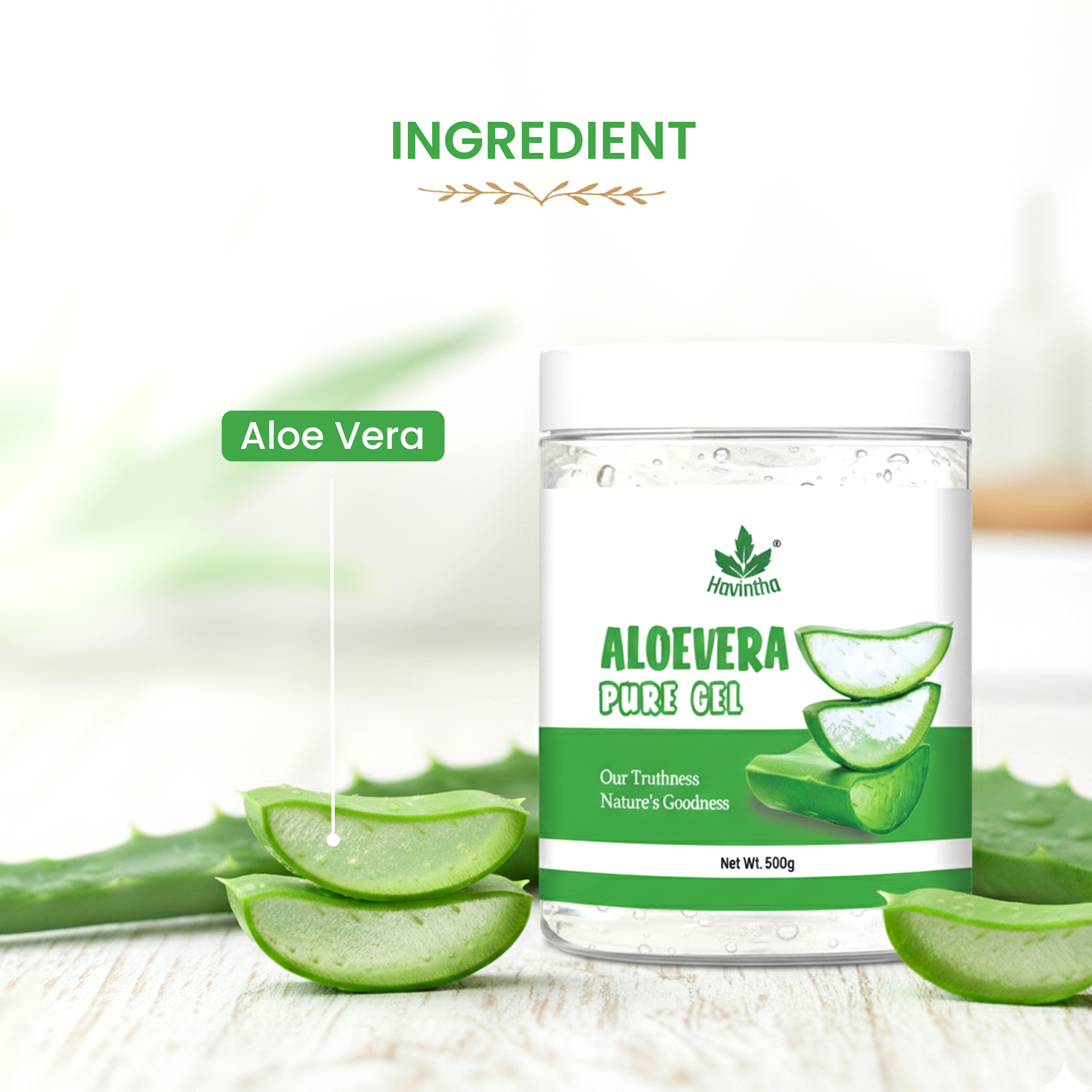 Havintha Natural Aloe Vera Gel (500gm) for Skin Moisturizing, Hair Conditioning & Sunburn | Gel for Face, Hair, Acne, Pimples, Dry Skin & Scalp Care | Soothing & Hydrating Aloe Gel for Glowing Skin