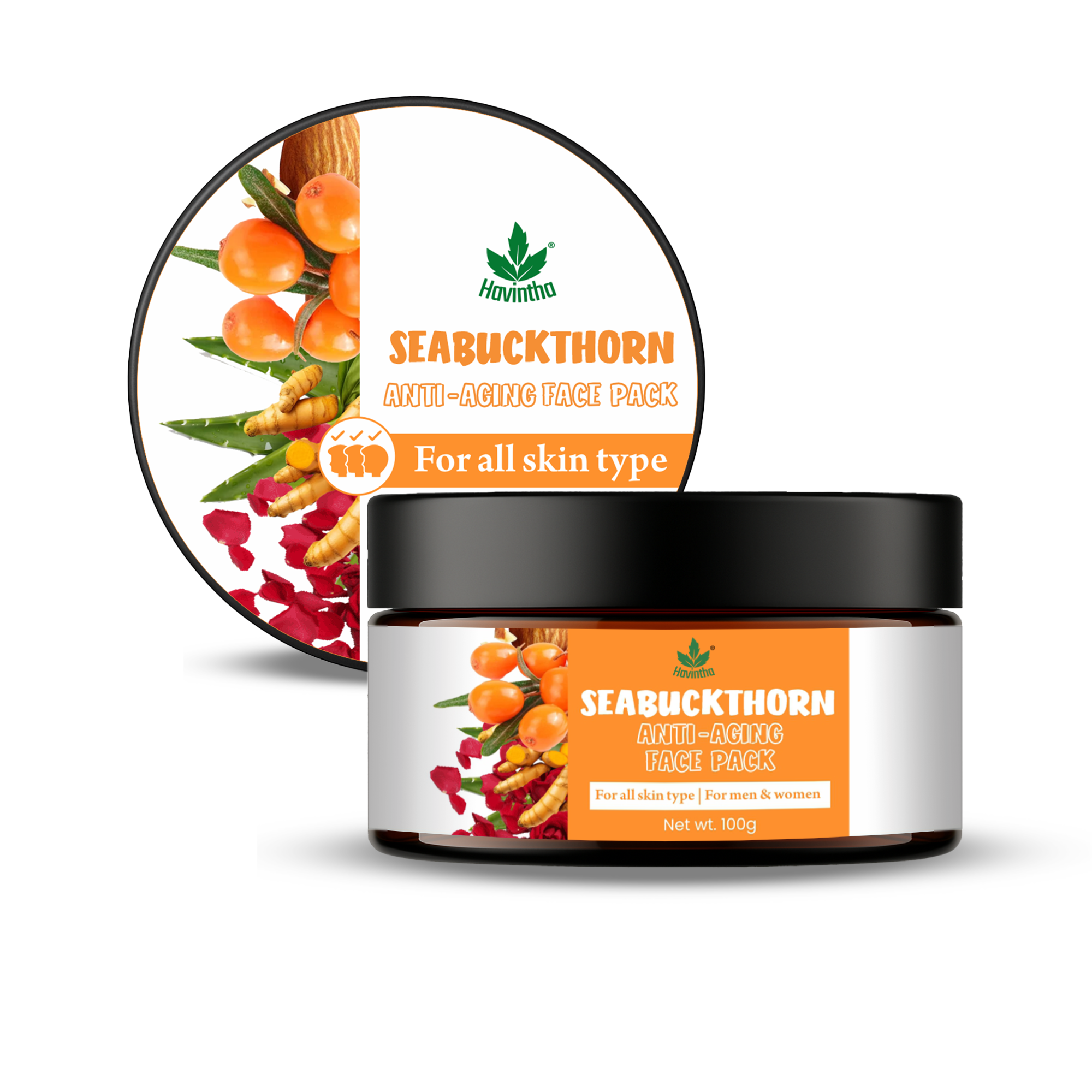 Havintha Seabuckthorn Anti-Aging Face Pack – Herbal Blend for Youthful, Glowing Skin - 100 gm for Men & Women