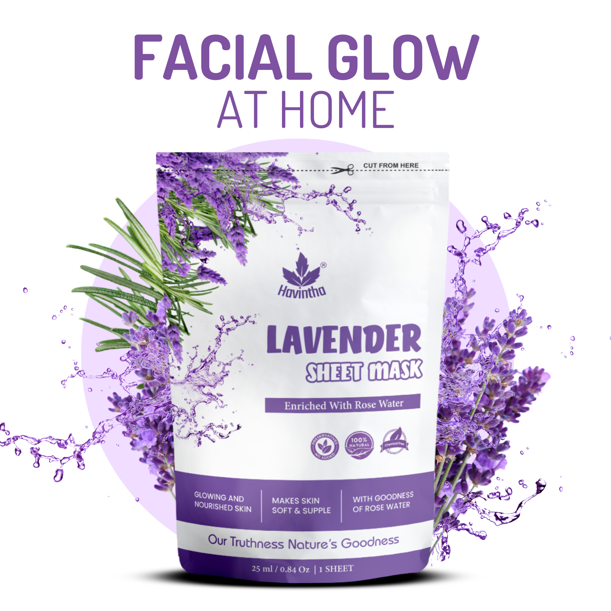Havintha Lavender Face Sheet Mask For Glowing Skin | Facial Sheet Mask For Intense Hydration & Moisturizing Vitamin C Sheet Mask ( Pack of 2 )