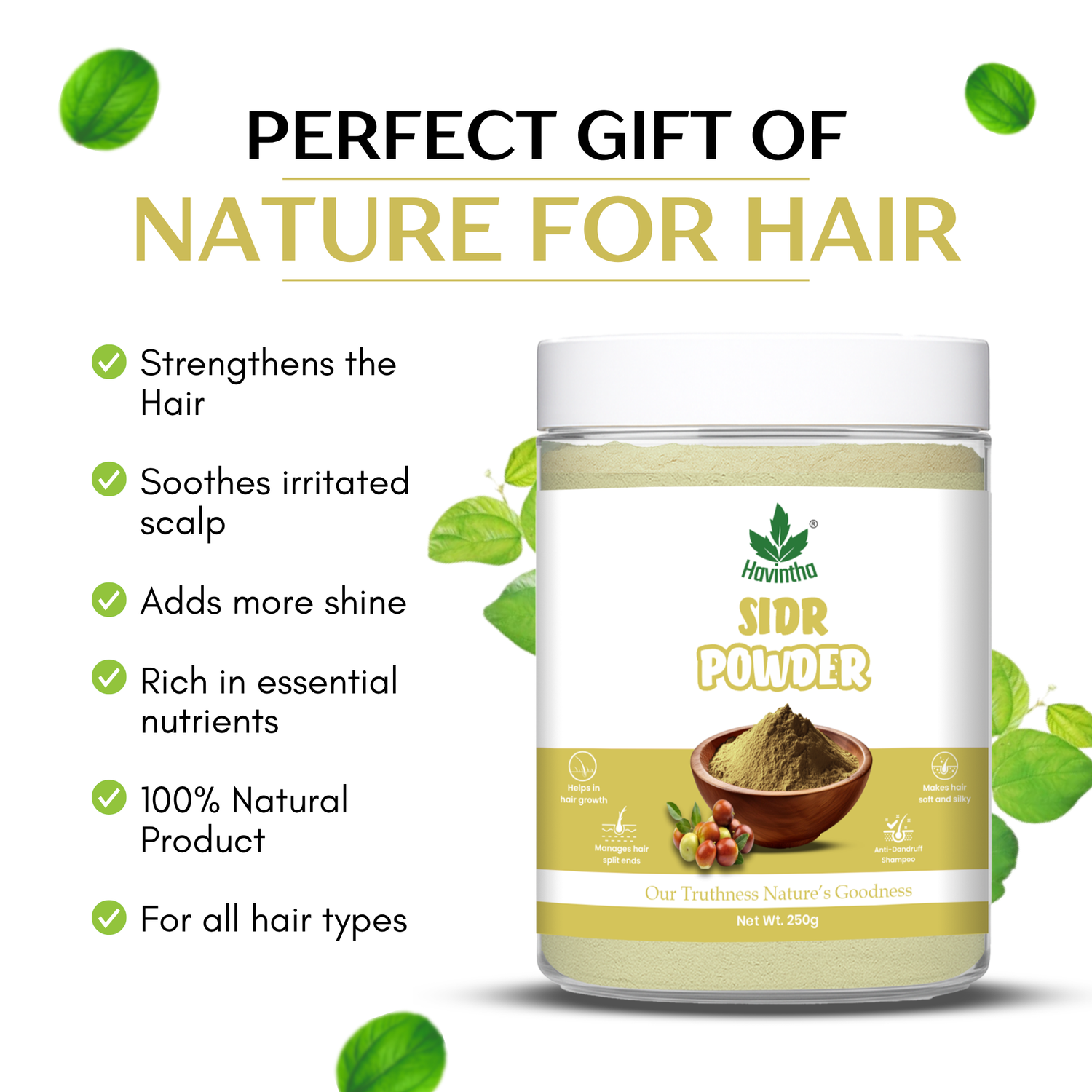 Havintha Herbal Sidr Leaves Powder 250gm | Natural Hair Cleanser & Conditioner | Dry & Damaged Hair Conditioning Hair Mask for Women and Men - 250g