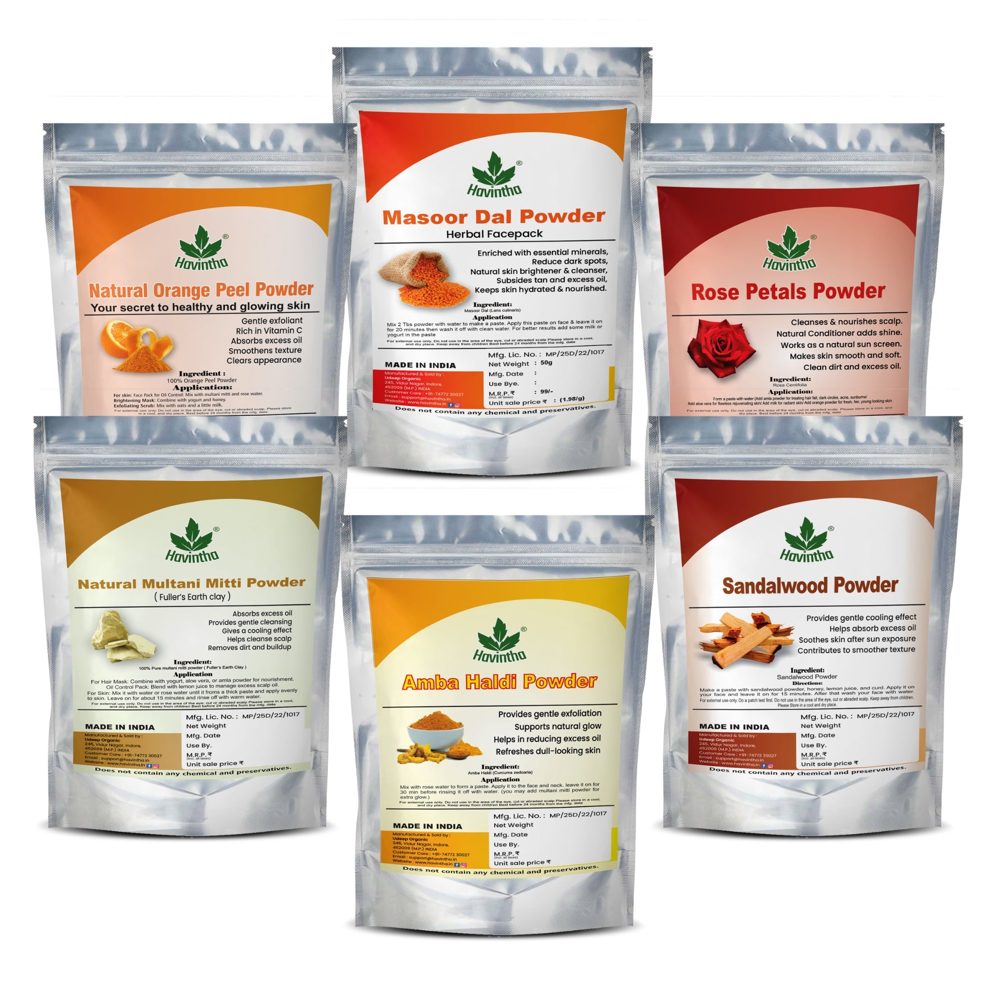 Havintha Natural Face Pack Combo 300g | Multani Mitti, Sandalwood, Orange Peel, Rose Petal, Masoor Dal & Amba Haldi | Herbal Skin Care