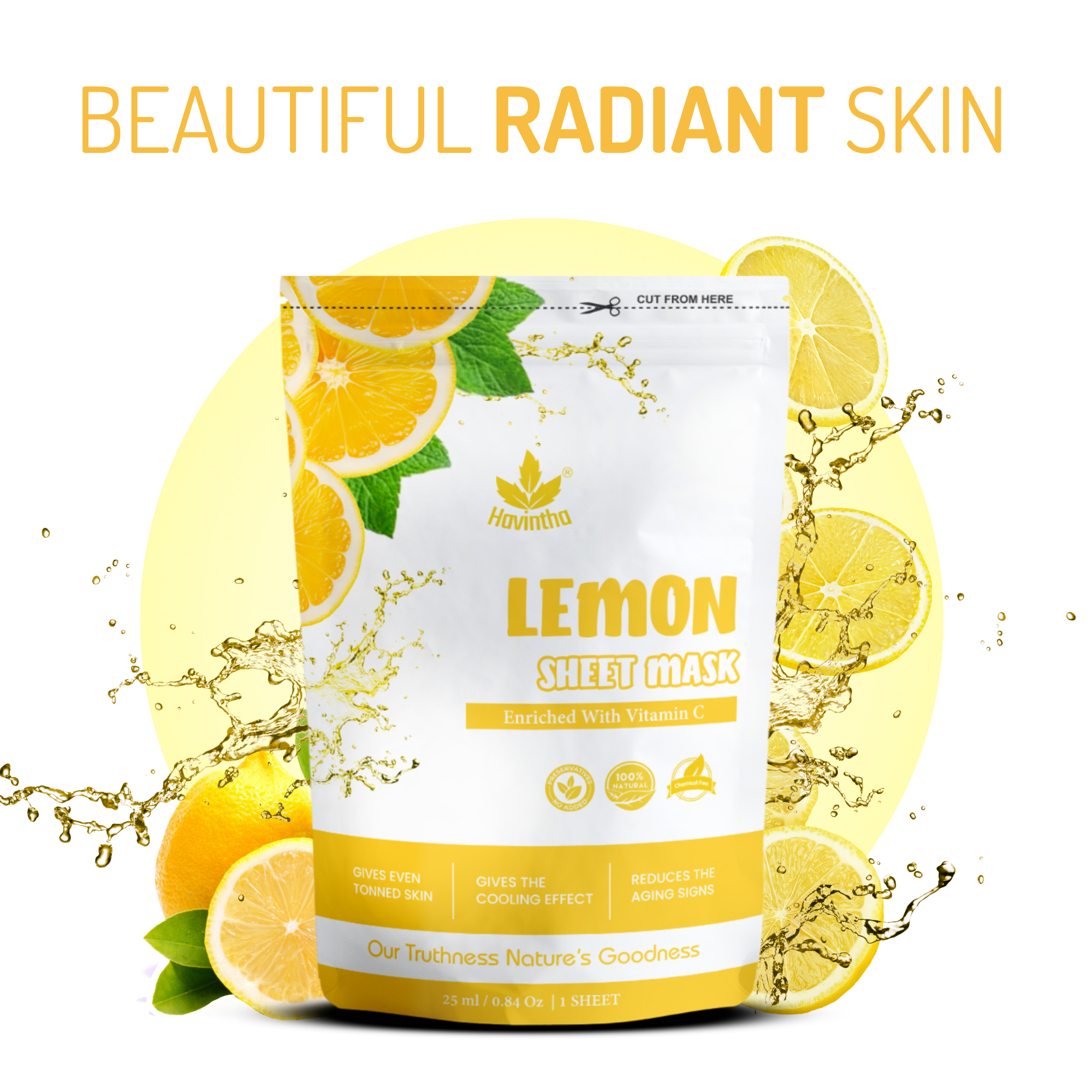 Havintha Lemon Face Sheet Mask for Glowing Skin | 100% Natural Nourishing & Moisturizing Facial Mask | Instantly Soothes Skin Facial Mask ( Pack of 2)