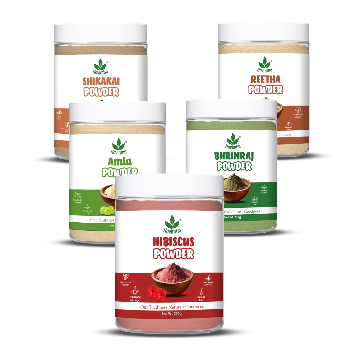 Havintha Amla Reetha Shikakai Bringraj & Hibiscus Powder For Hair - Each 250 Grams (Combo Pack of 5)