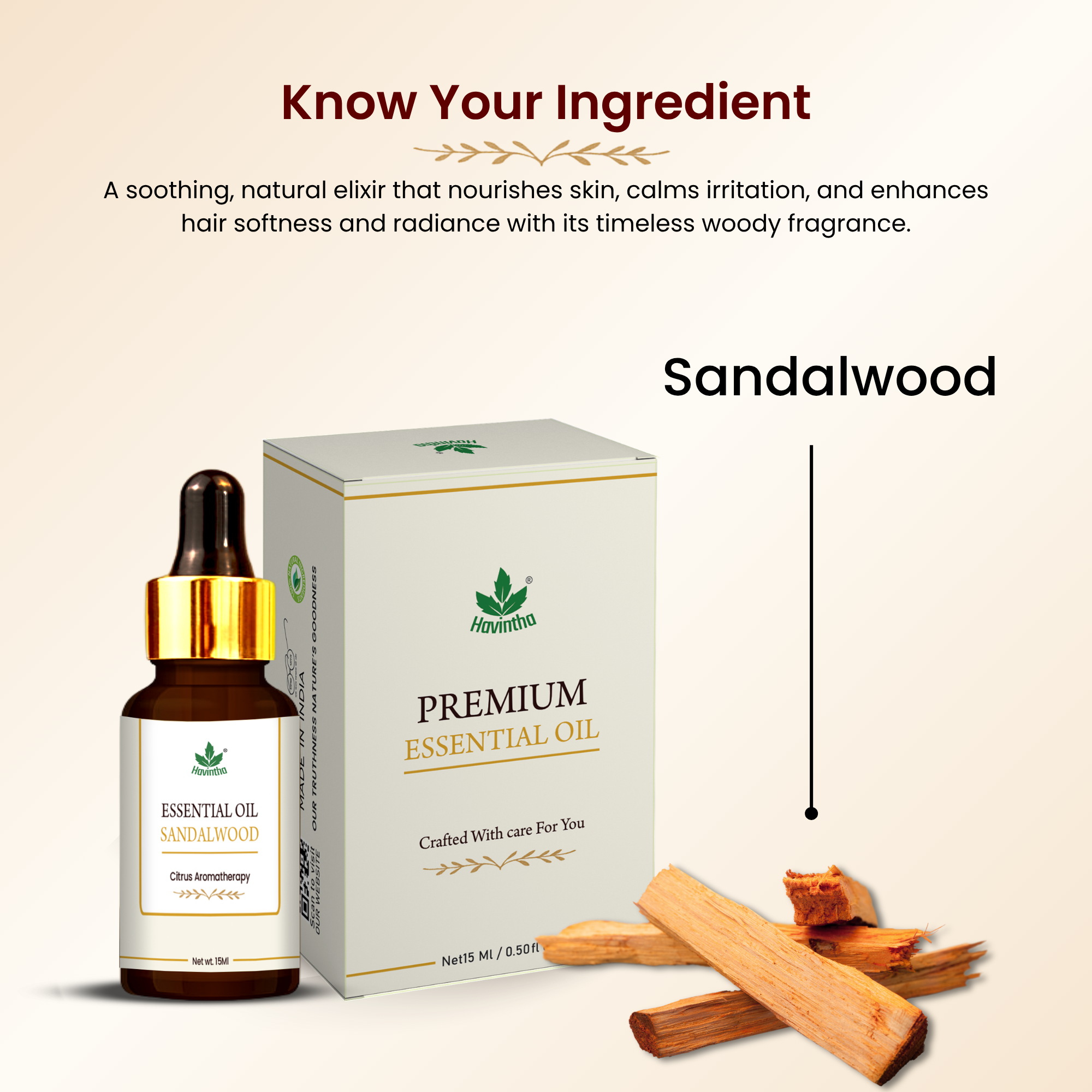 Havintha Sandalwood Essential Oil For Stress Reduction, Hair Care, Skin Care and Mental Alertness | Pure Aroma - 15 ml.