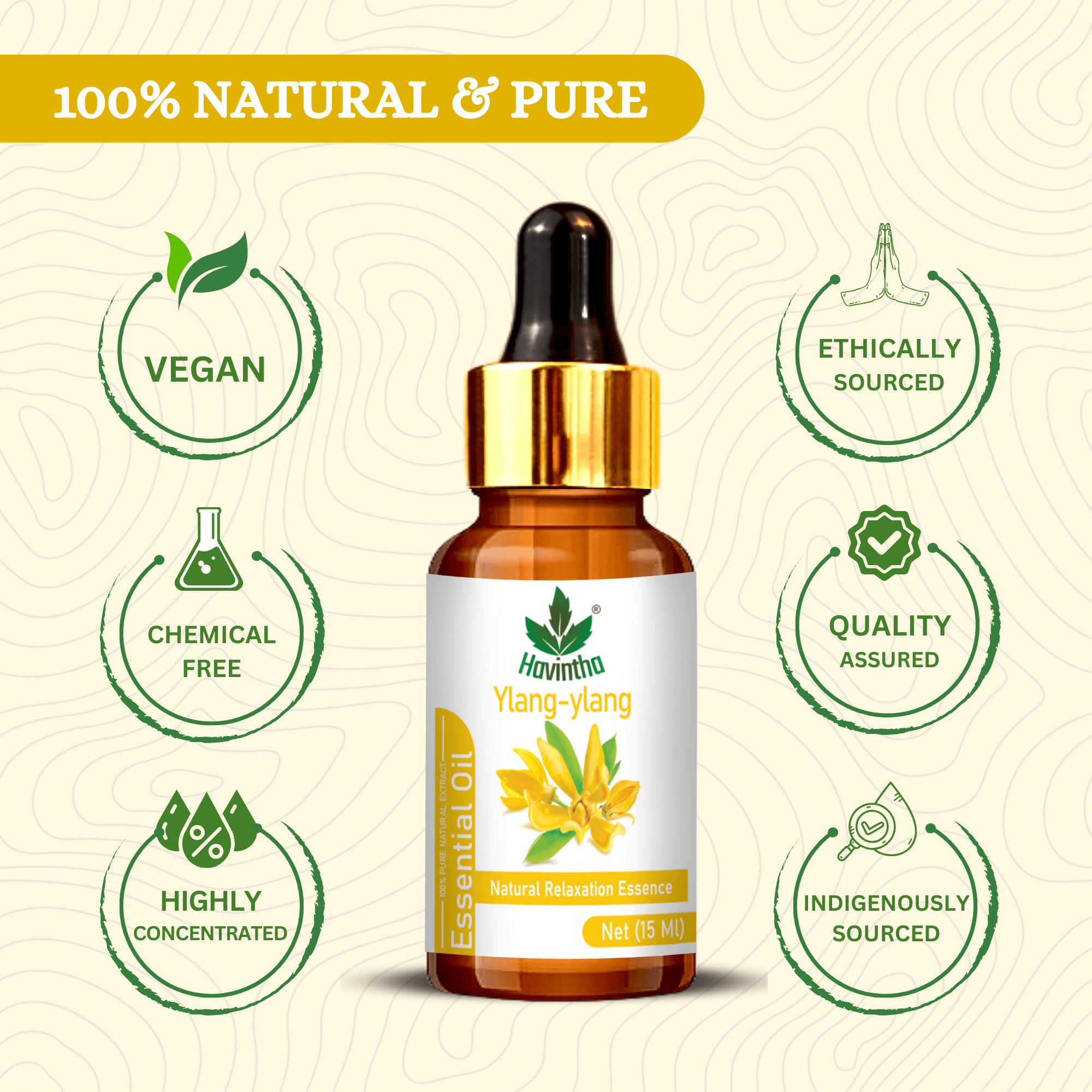 Havintha Ylang-Ylang Essential Oil For Deminishes Acne and Helpful For Hair Lice - Pure Aroma - 15ml.