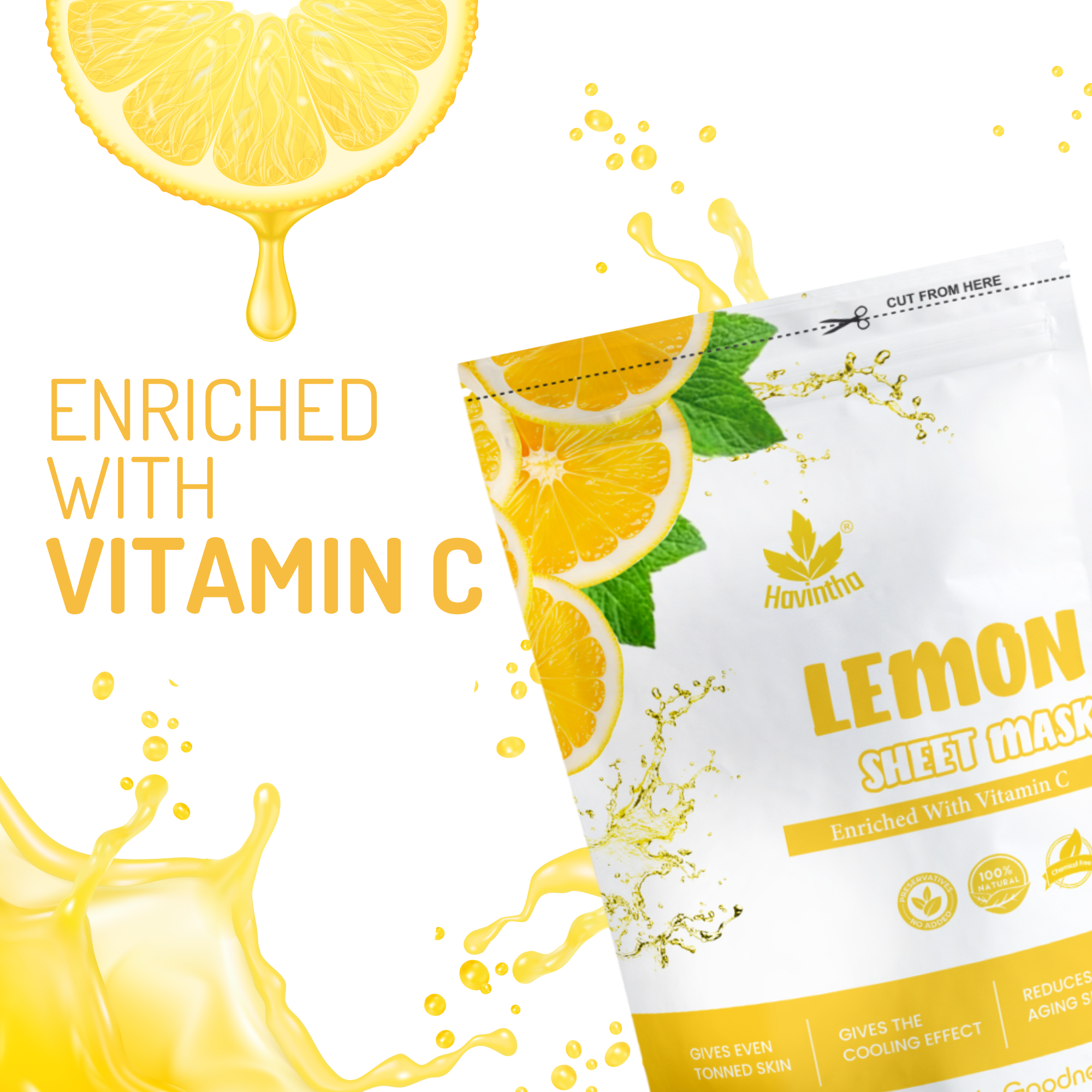 Havintha Lemon Face Sheet Mask for Glowing Skin | 100% Natural Nourishing & Moisturizing Facial Mask | Instantly Soothes Skin Facial Mask ( Pack of 2)