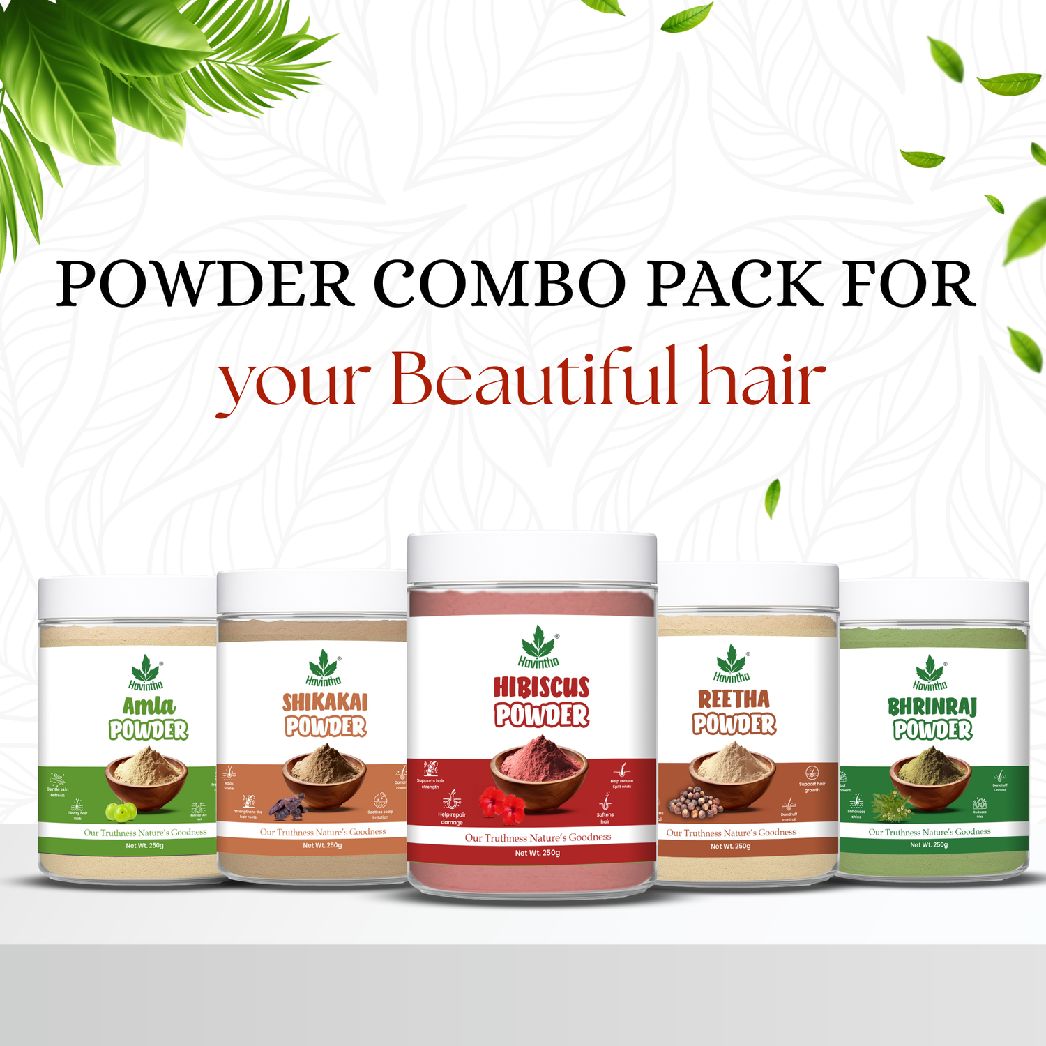 Havintha Amla Reetha Shikakai Bringraj & Hibiscus Powder For Hair - Each 250 Grams (Combo Pack of 5)