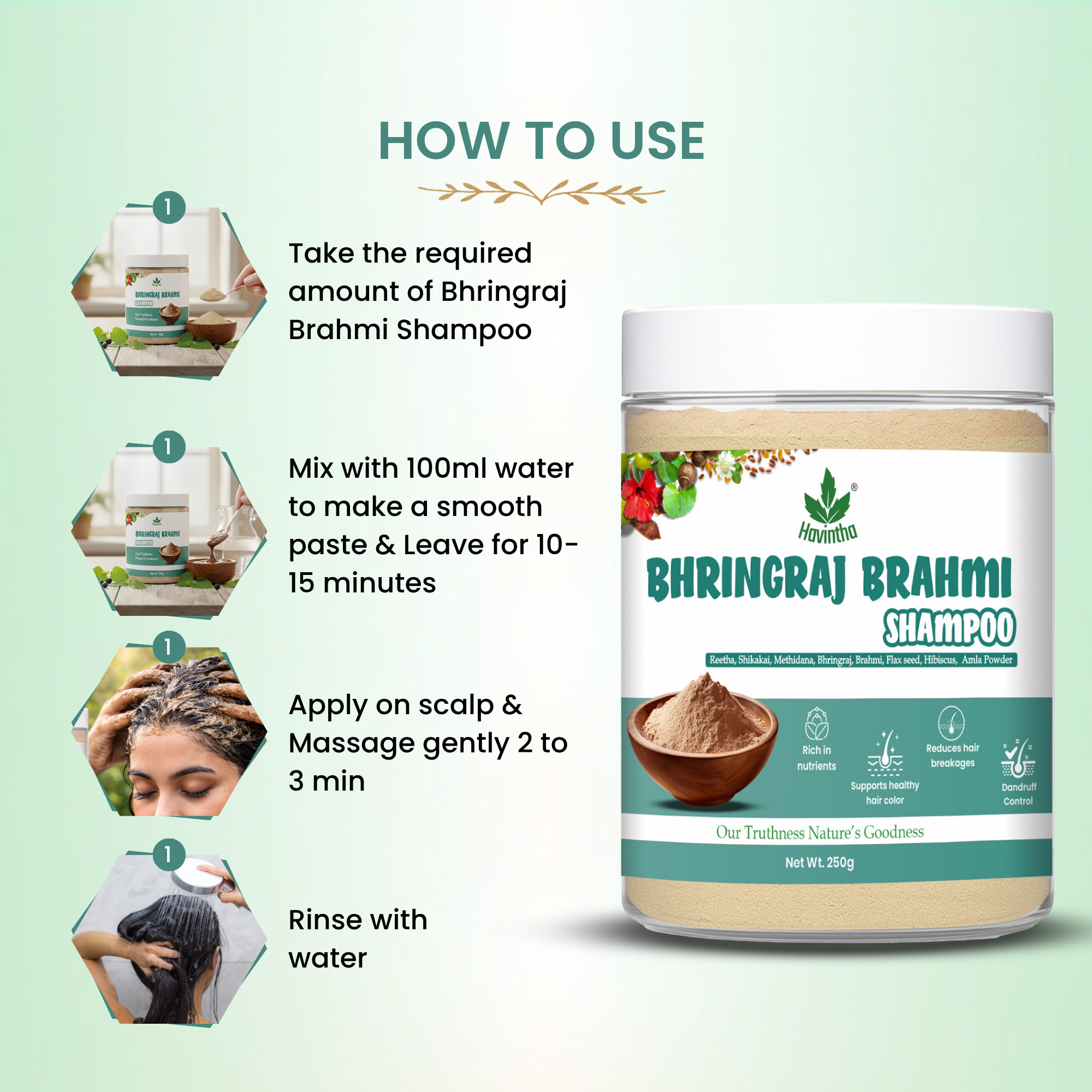 Natural Bhringraj and Brahmi Powder Shampoo | Fights Dandruff & Deeply Moisturizes Hair | Men & Women (250g)