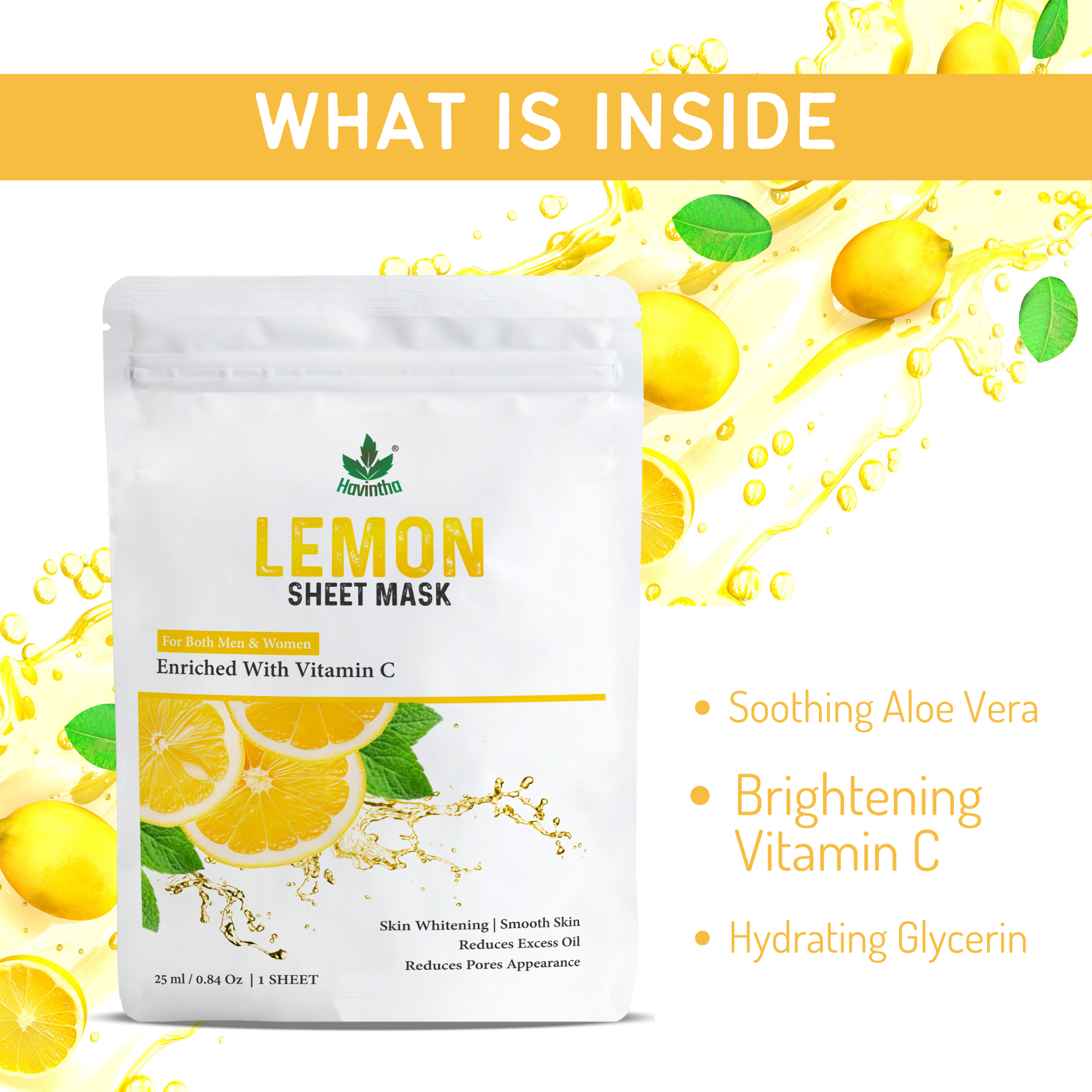 Havintha Lemon Face Sheet Mask for Glowing Skin | 100% Natural Nourishing & Moisturizing Facial Mask | Instantly Soothes Skin Facial Mask ( Pack of 2)
