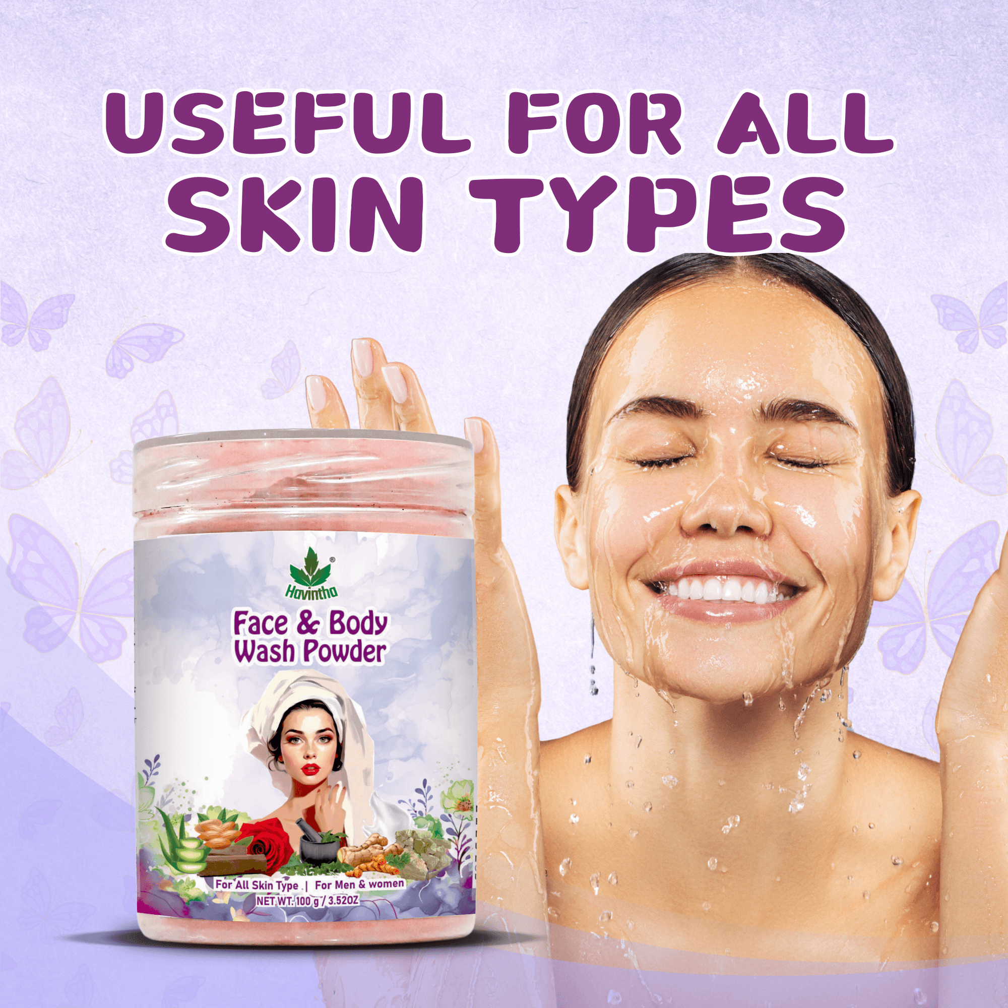 Havintha Natural Face & Body Wash Powder | For Glowing & Shiny Skin | 250 Grams (JAR)