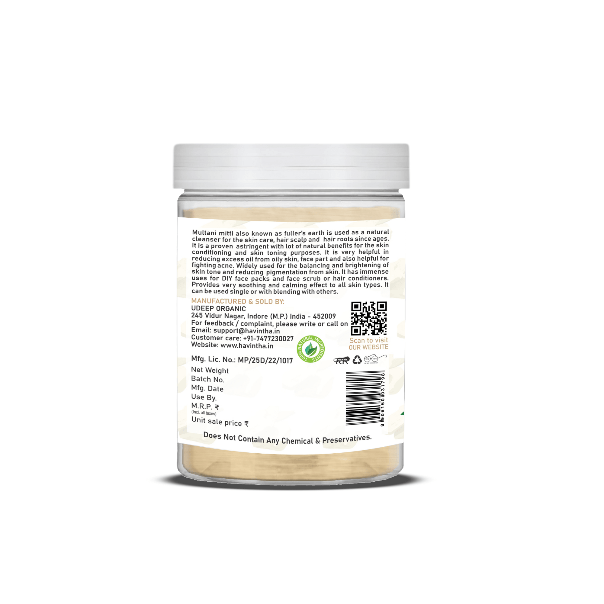Havintha Natural Multani Mitti Powder | Natural Face Pack & Skin Care | 250 Grams (JAR)