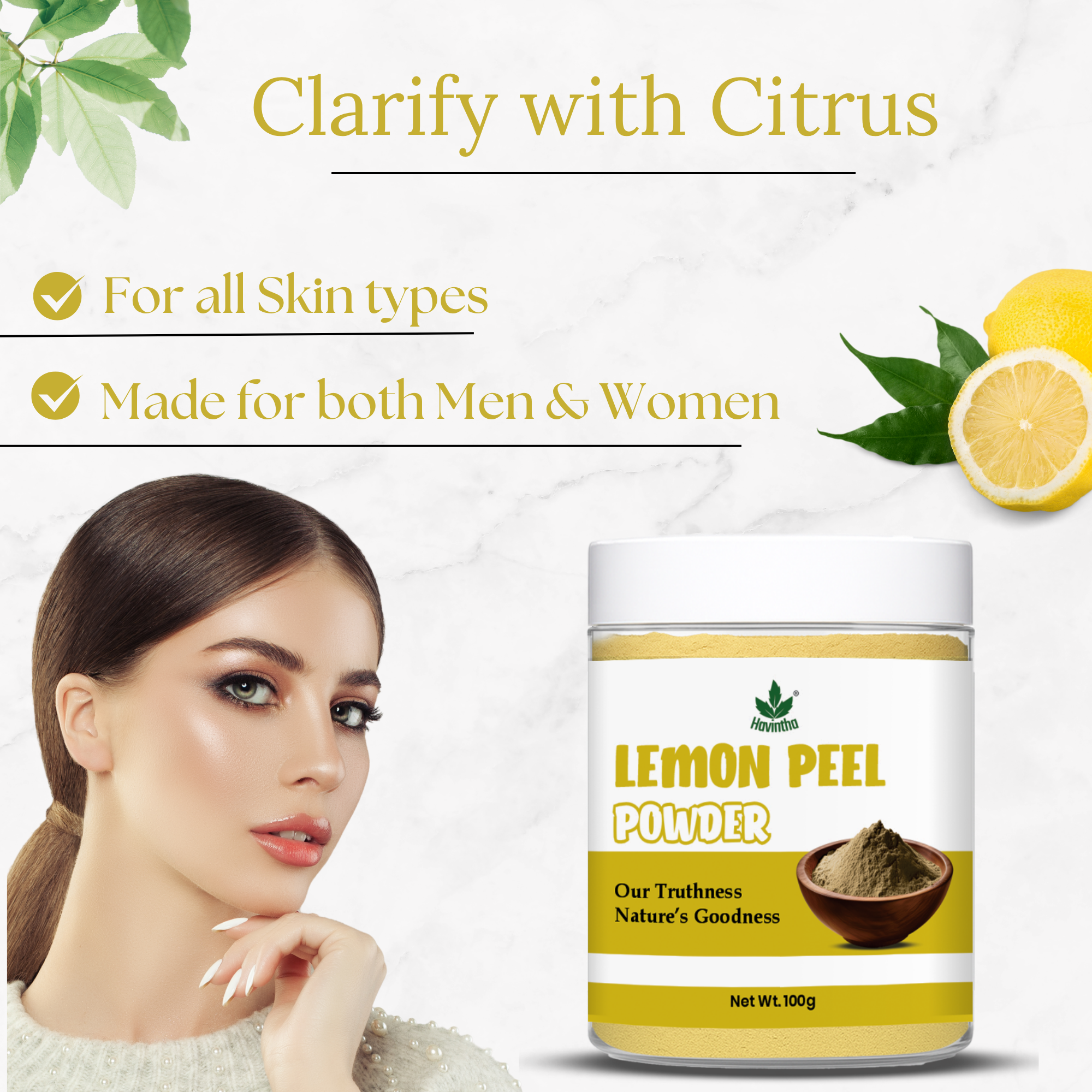Havintha Natural Lemon Peel Powder | For Brighter Skin | Remove Dark Circles | 100 Grams (JAR)