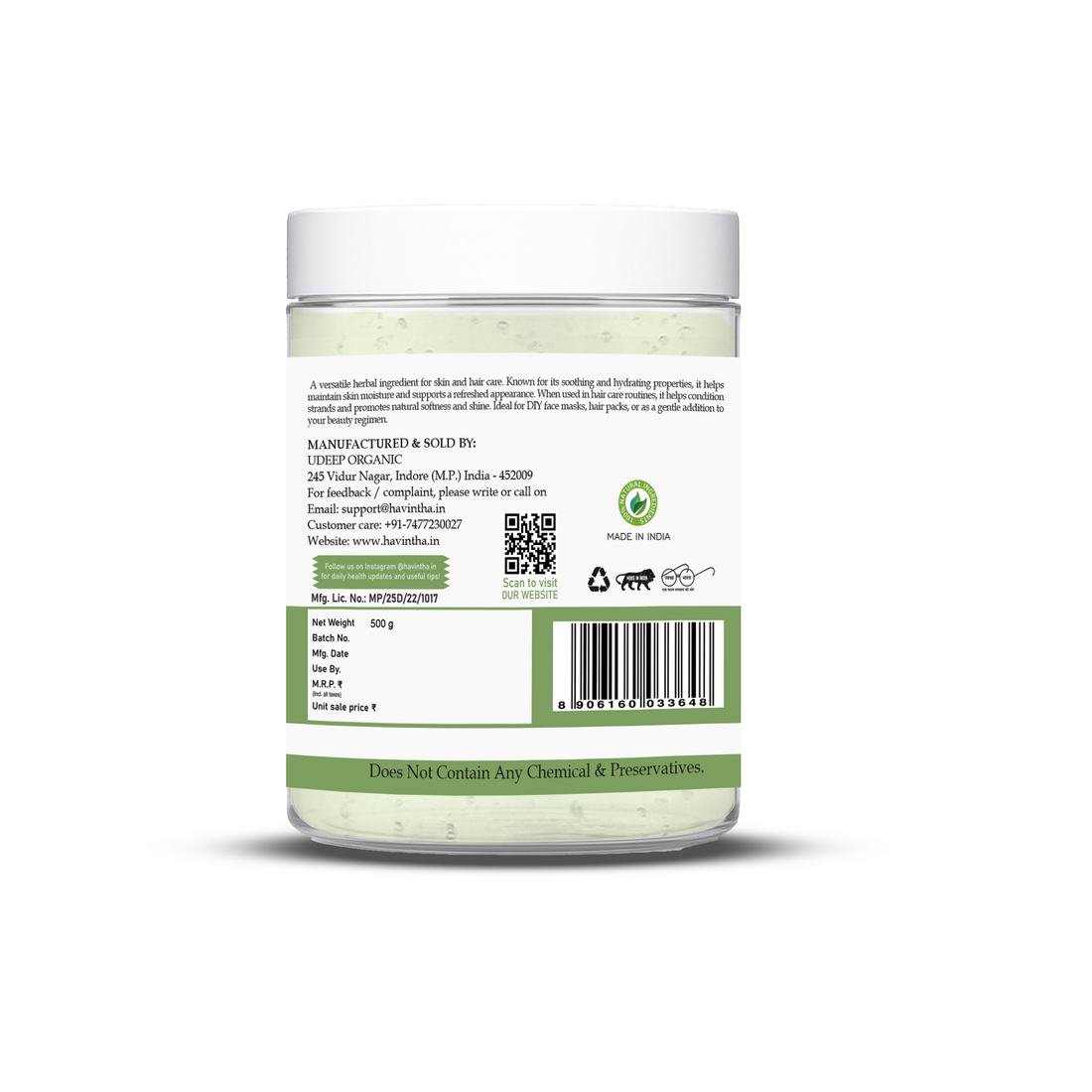 Havintha Natural Aloe Vera Gel (500gm) for Skin Moisturizing, Hair Conditioning & Sunburn | Gel for Face, Hair, Acne, Pimples, Dry Skin & Scalp Care | Soothing & Hydrating Aloe Gel for Glowing Skin