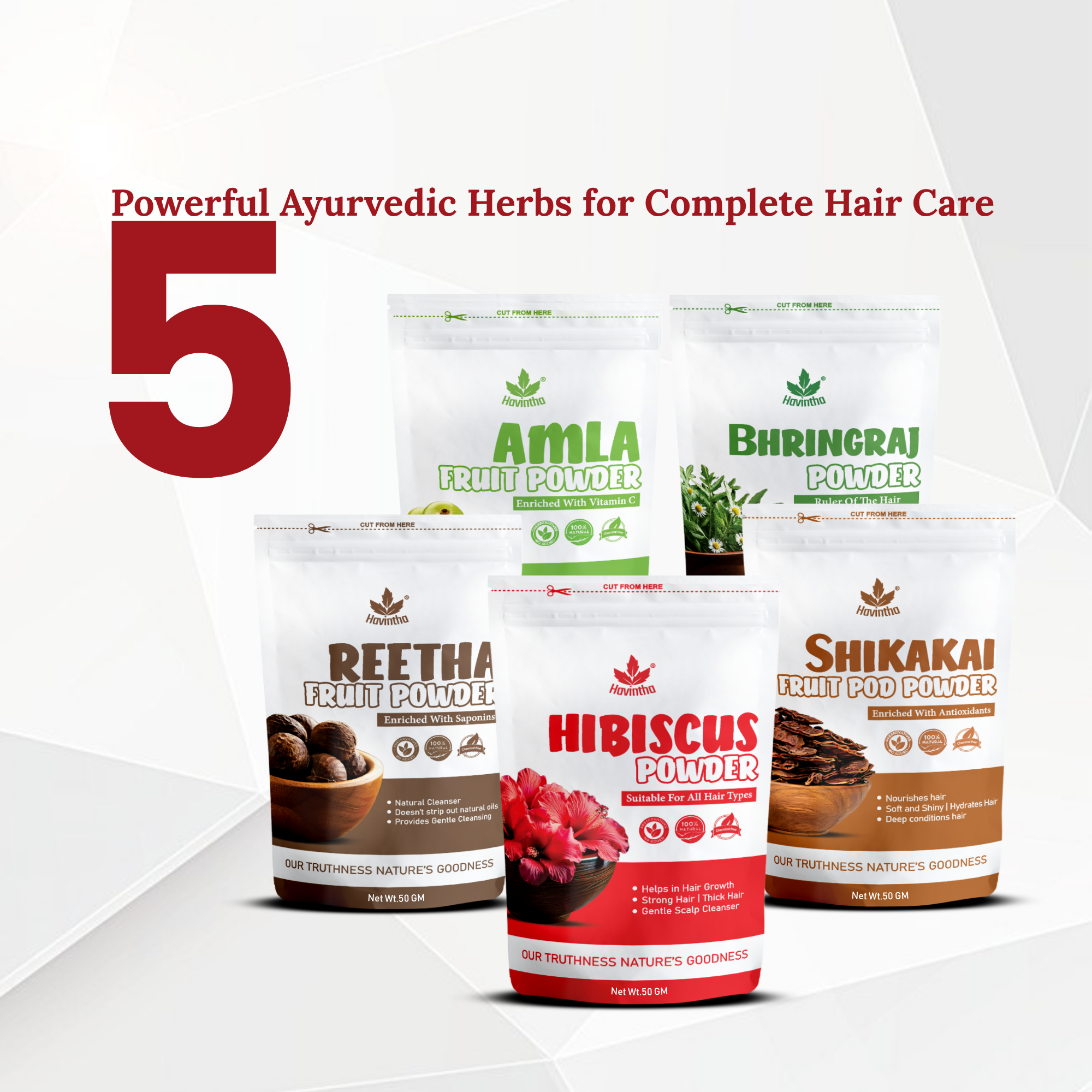 Havintha Amla, Reetha, Shikakai, Bhringraj & Hibiscus Powder For Hair Care | Shiny Smoothning Hair Growth Powder | Nourishment Hair Of All Hair Type, 50Gram Each (Pack Of 5) Unscented