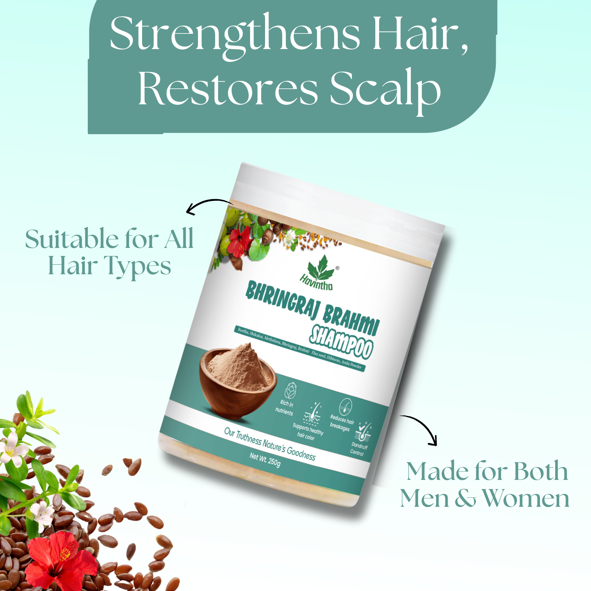 Natural Bhringraj & Brahmi Powder Shampoo | Anti-Dandruff Shampoo | All Hair Types | Men & Women (250g)