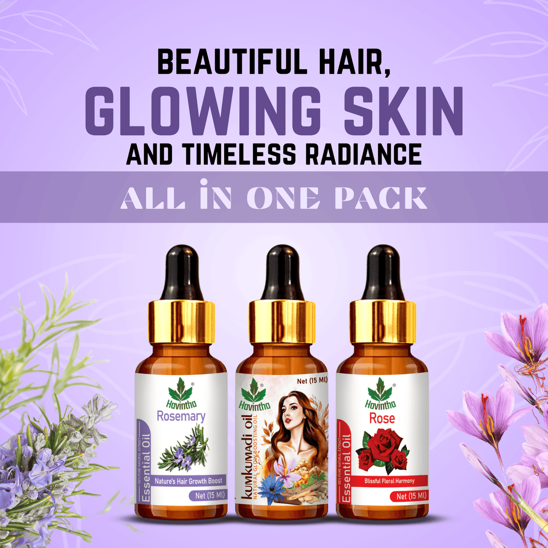 Havintha Special Essential Oil Combo | Rosemarry, Rose and Kumkumadi | for Hair and Skin