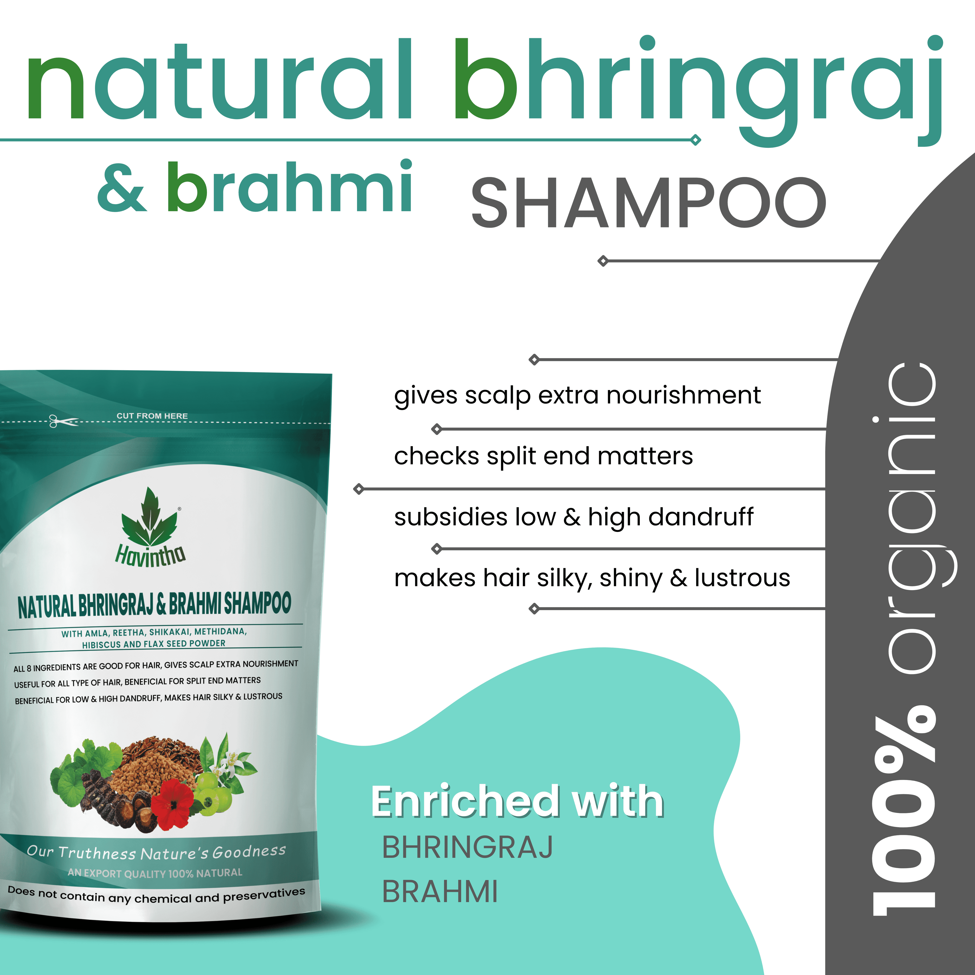 Havintha Natural Hair Shampoo: Infused with Amla, Reetha, Shikakai, Methidana, Hibiscus, Bhringraj, Brahmi, and Flax Seed Powder (227gm)