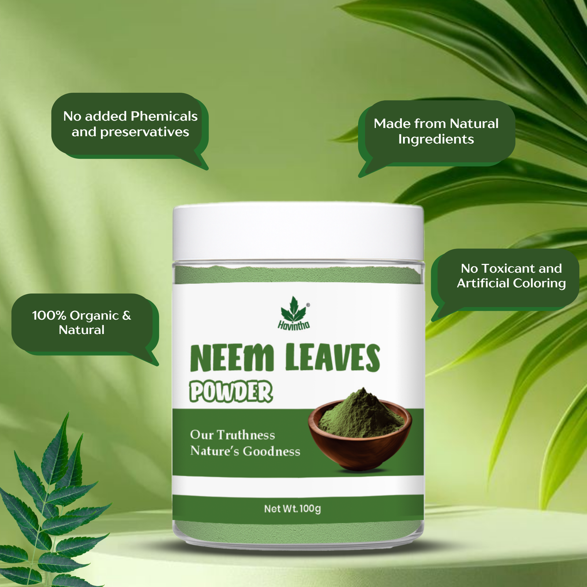 Havintha Natural Neem Powder | For Antioxidant Benefits | For Hair & Skin Care | 100 Grams (JAR)