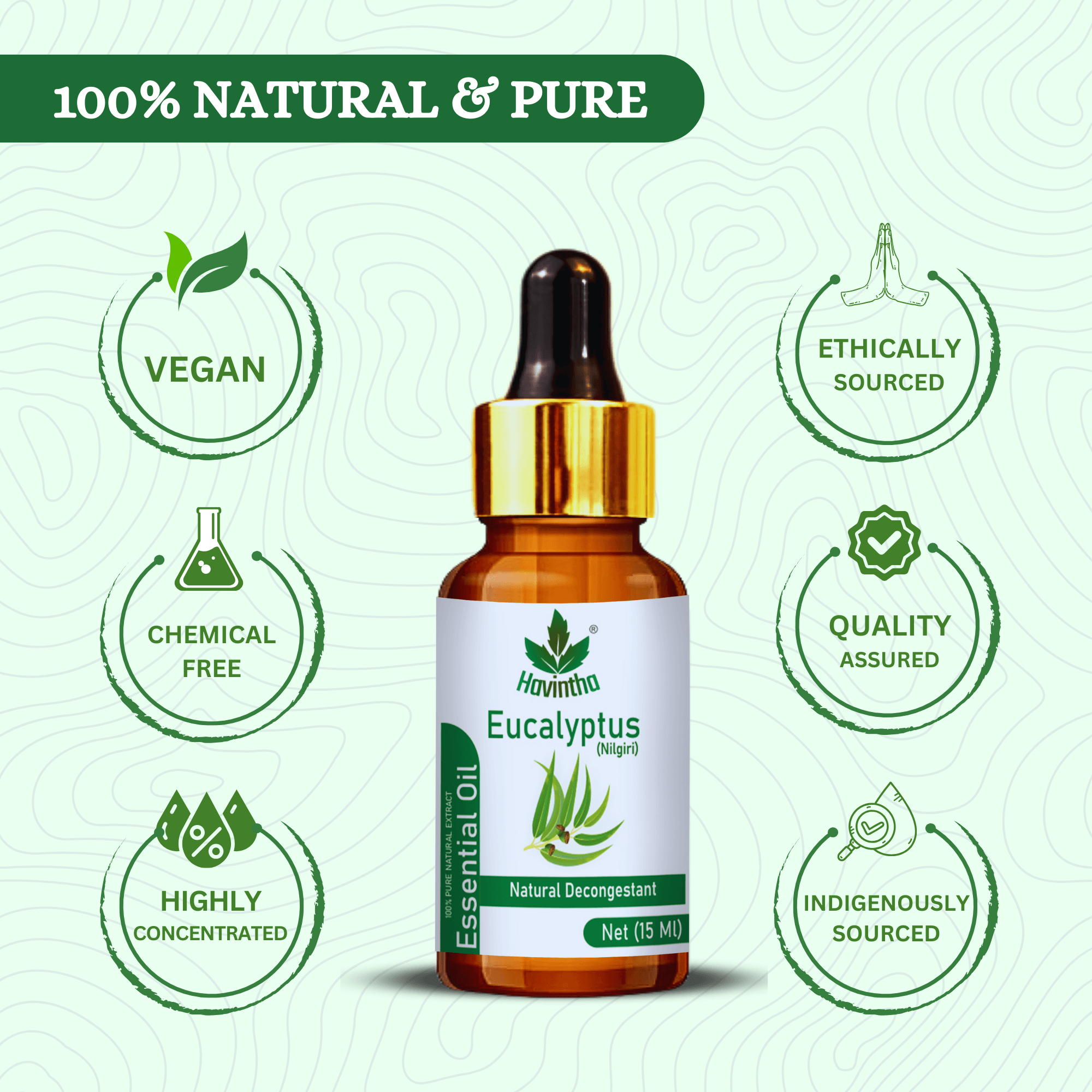 Havintha Pure and Organic Eucalyptus Essential Oil for Skin, Hair and Aromatherapy - 15 ml.