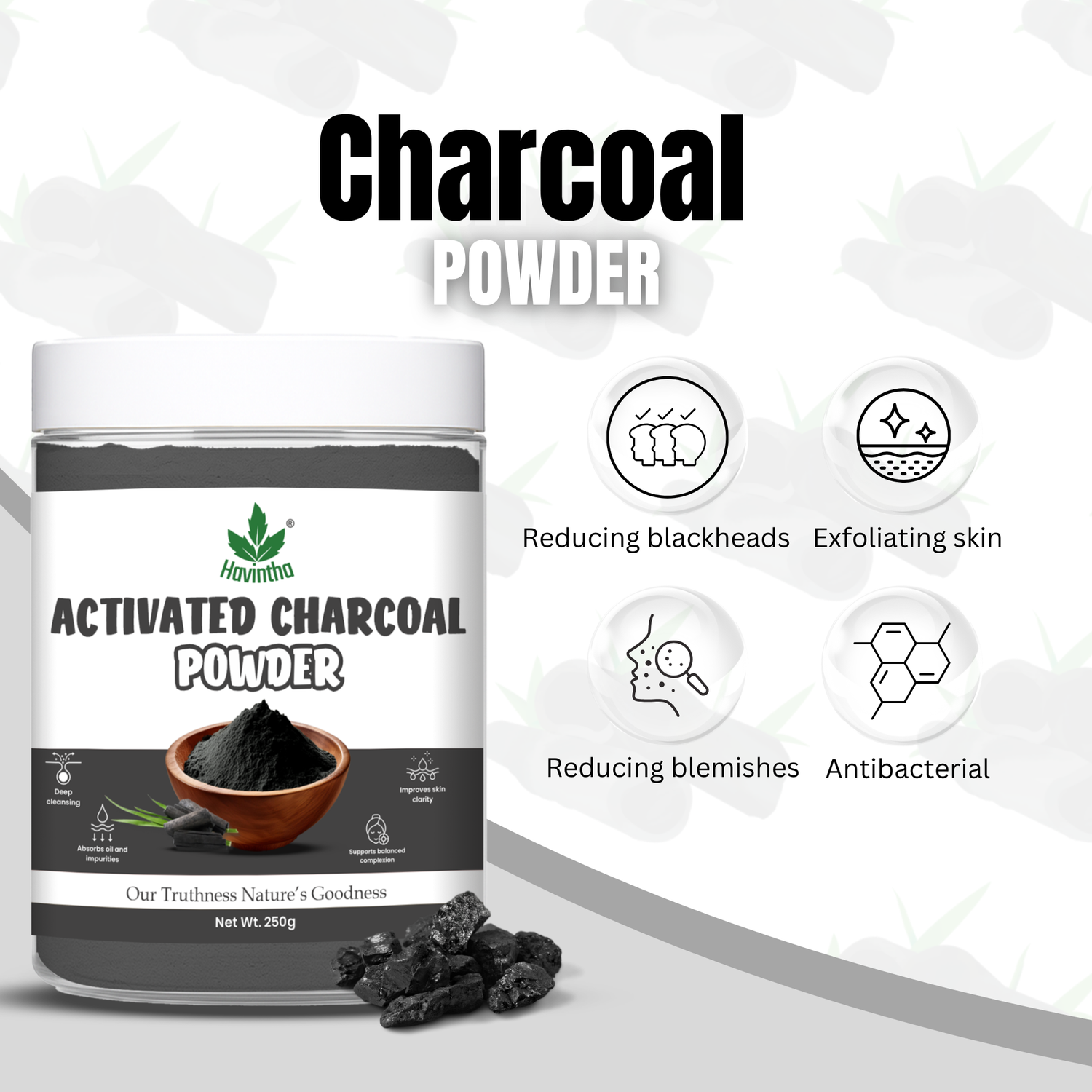 Havintha Activated Charcoal Powder | 100% Natural for Face & Body | 250 Grams (JAR)