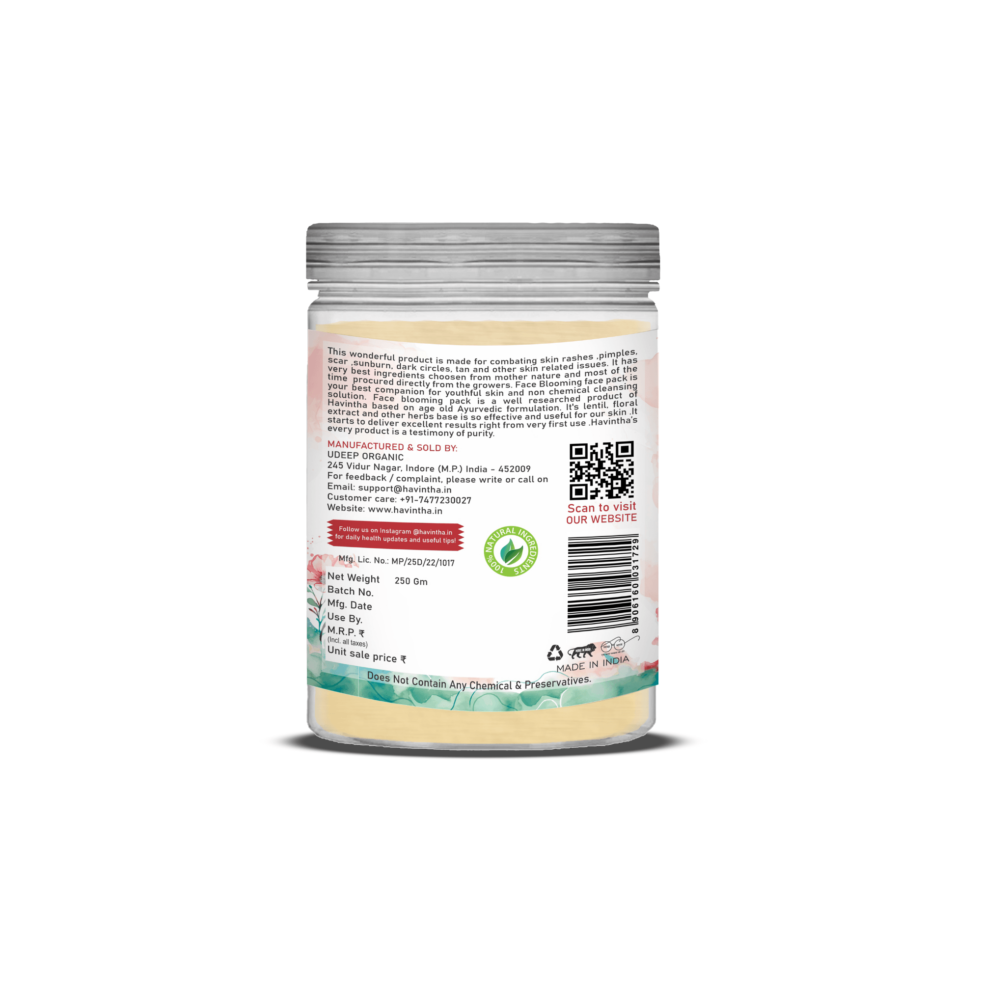 Havintha Natural Face & Body Wash Powder | For Glowing & Shiny Skin | 250 Grams (JAR)