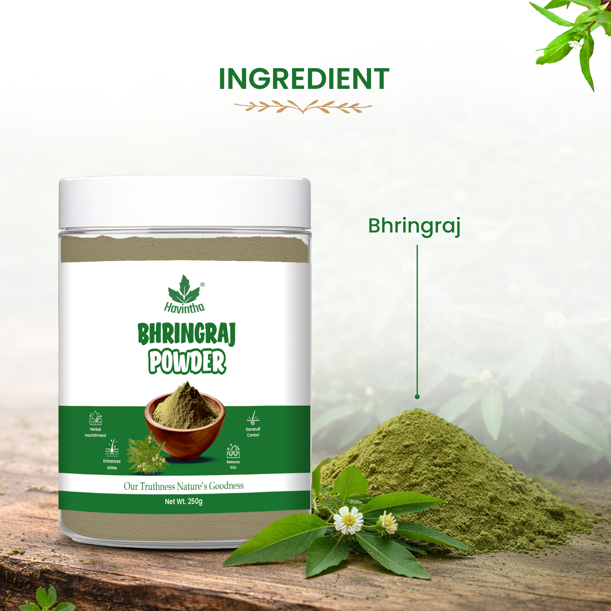 Havintha Natural Bhringraj Powder | For Strong & Silky Hair | 250 Grams (JAR)