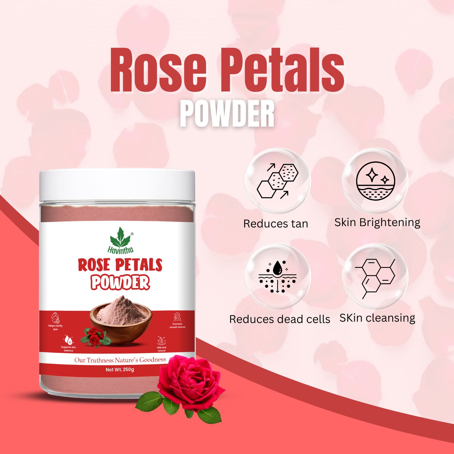 Havintha Rose Petals Powder For Natural Face Packs & Facial Mask Formulations | 100% Pure | Fairness Hyper Pigmentation Dark Spots & Circles - 250 grams