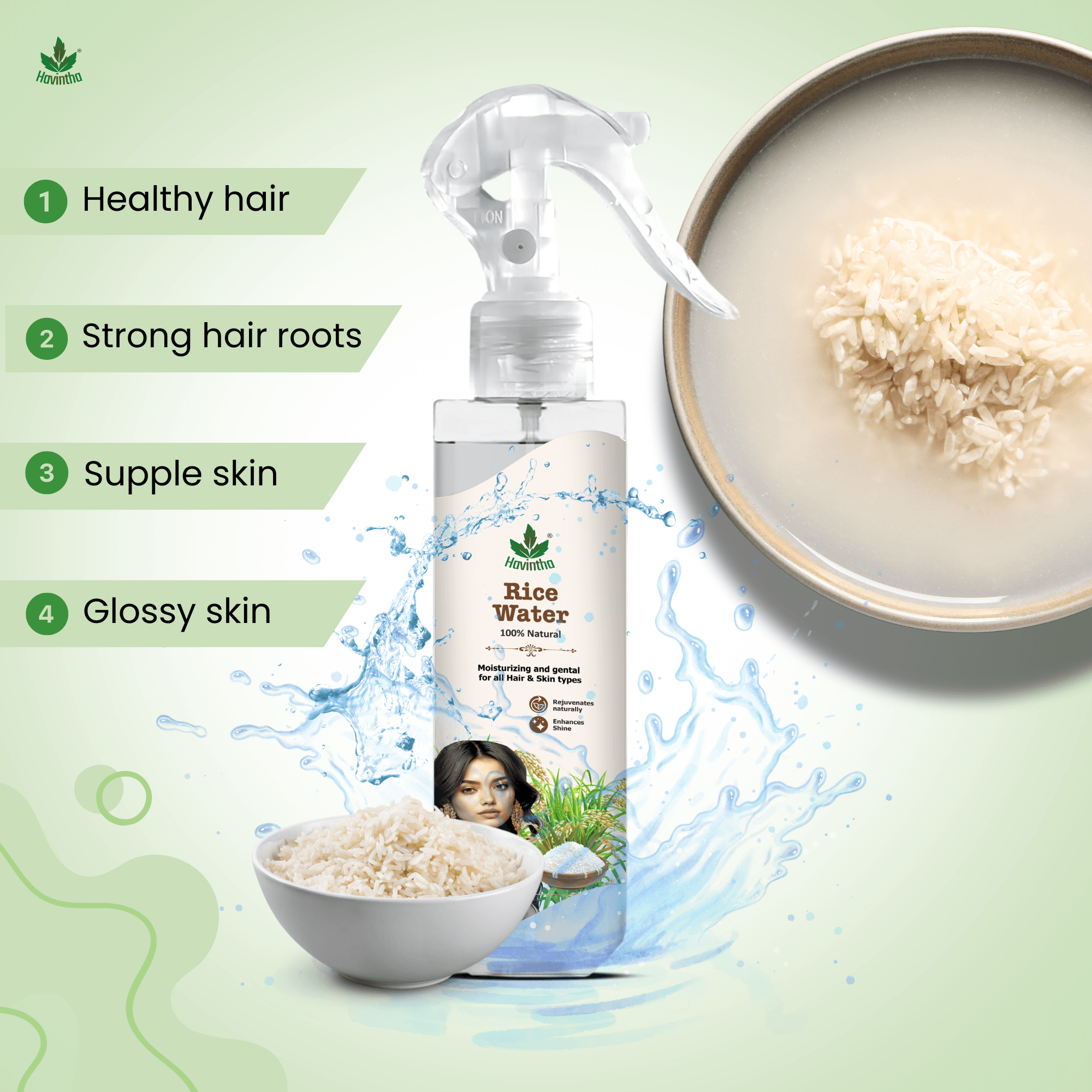 Havintha Natural Rice Water for Hair Growth | Shiny Hair & Glowing Skin Spray | For Man & Women |200ML